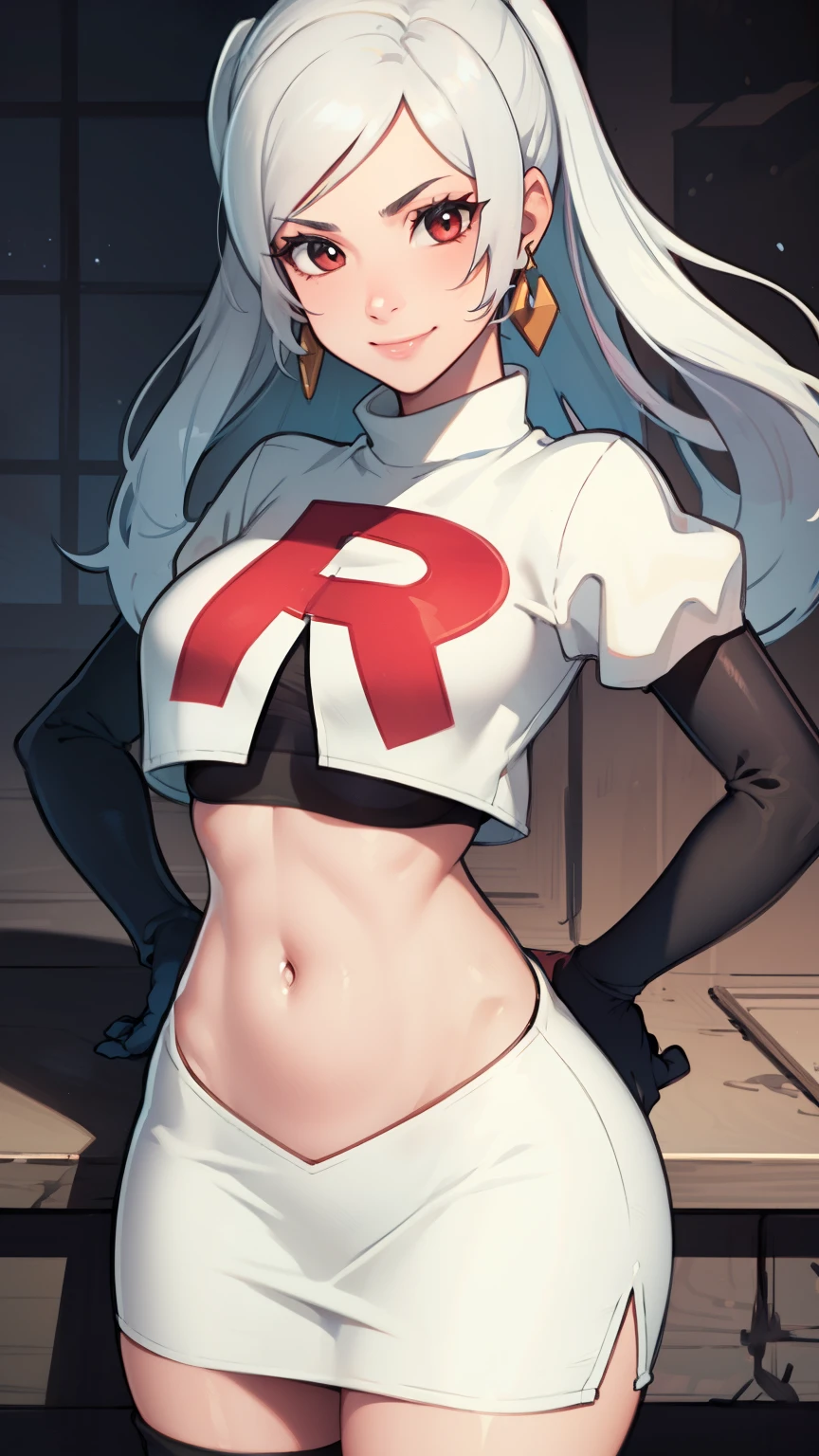 robin fe ,earrings, glossy lips ,team rocket uniform, red letter R, white skirt,white crop top,black thigh-high boots, black elbow gloves, evil smile, hands on hips