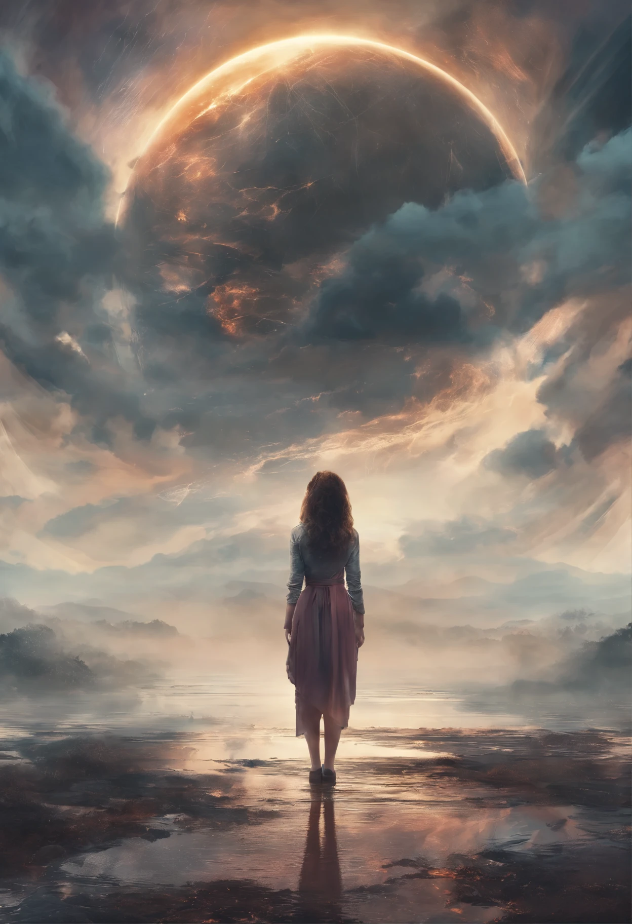 retrato Uma linda mulher loira , grande ,Encorpado, Ultra resolution, Reflections on the ground and cloudy sky, Detalhes elaborados, Hiper-realista, Fotorrealista como no cinema, 4K