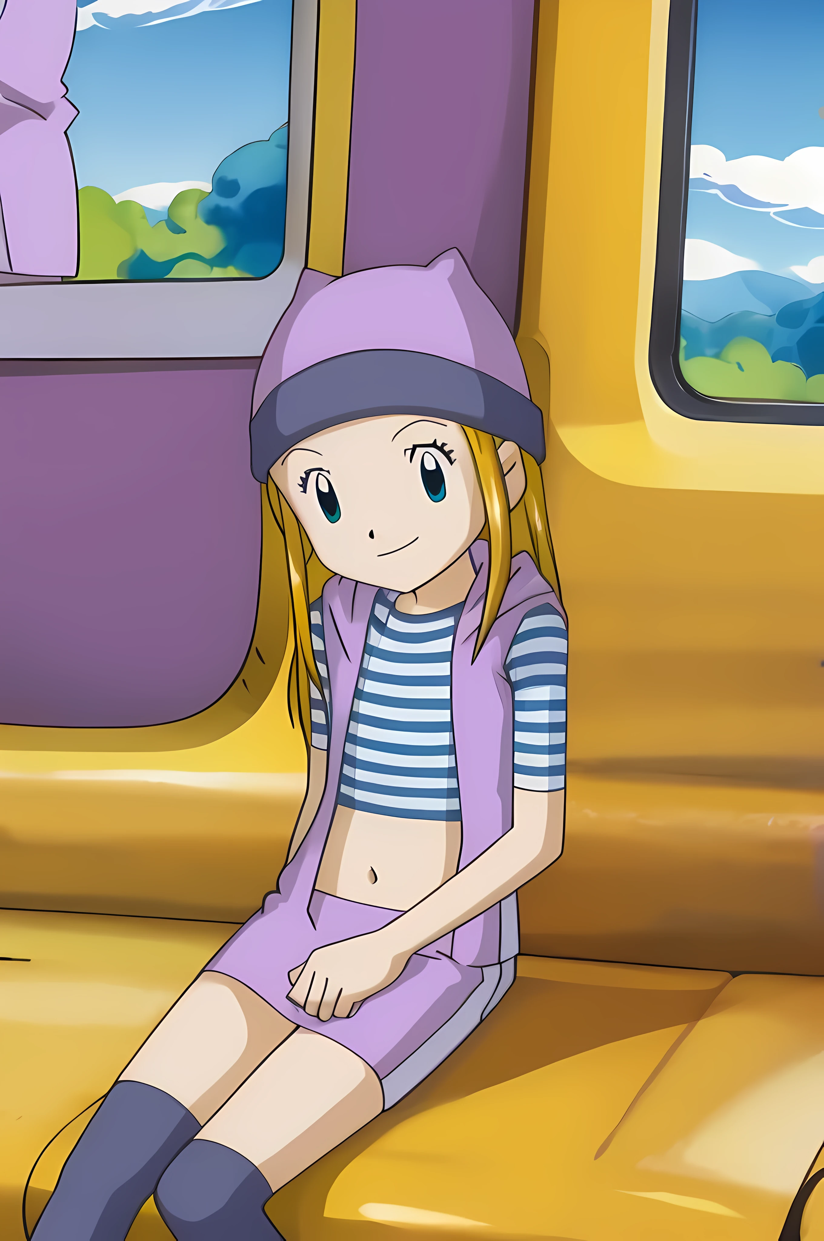 zoe orimoto, perfect eyes, perfect face, purple beanie, purple vest, purple miniskirt, blue white striped shirt, purple socks, sneakers, midriff, blond hair, smile, seated, traveling on a train, opened window, wind blowing