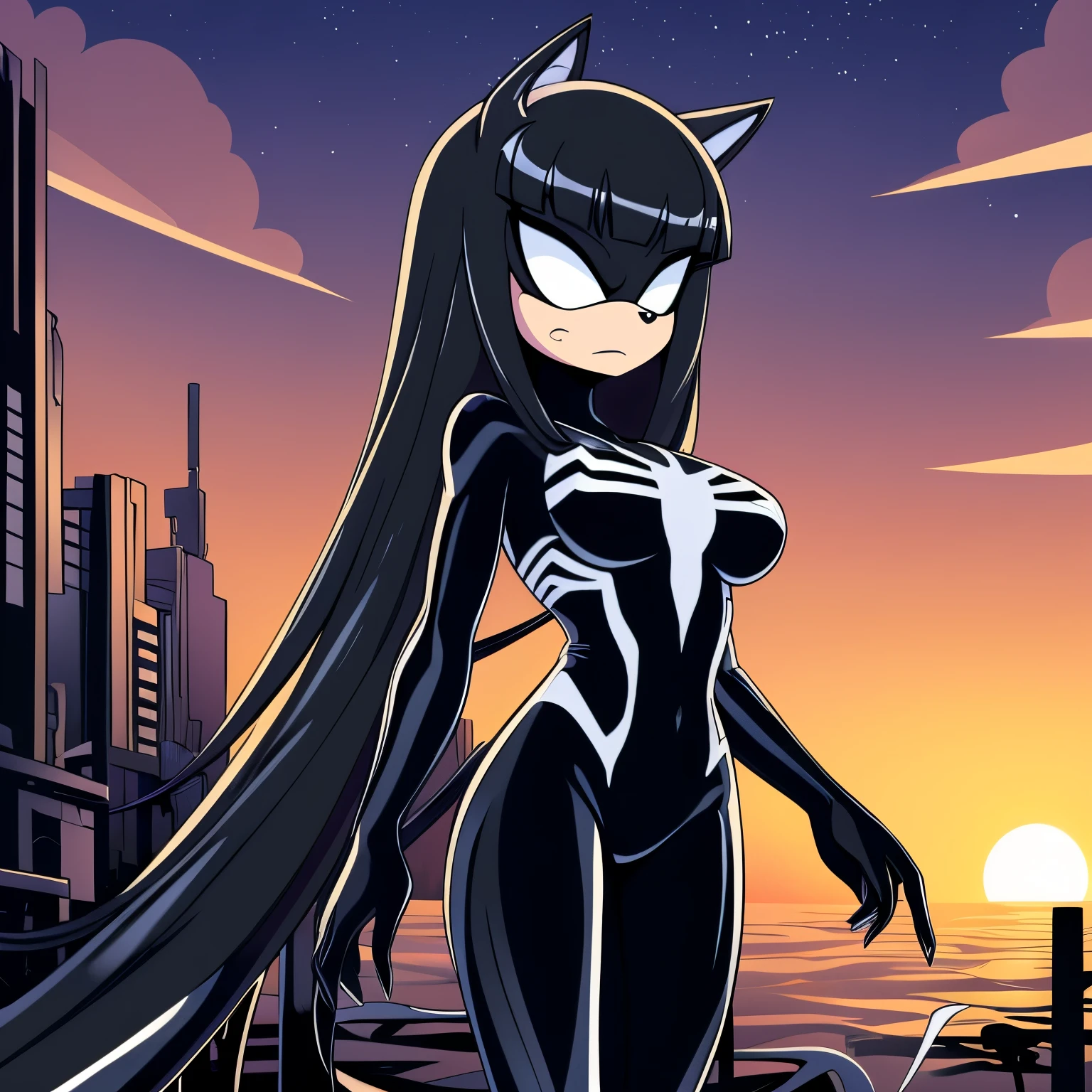 Mobian, female, fox, long hair, feminine eyelashes, medium breasts, ((hair bangs)), perfect feminine figure, black muzzle, (blank white eyes), intricate details, (detailed background:1.3), anime style, night, serious, standing, furry female, (solo), sundown, best quality, ((wearing a she venom Symbiote like bodysuit)), (2D Art Style), (flat colors)