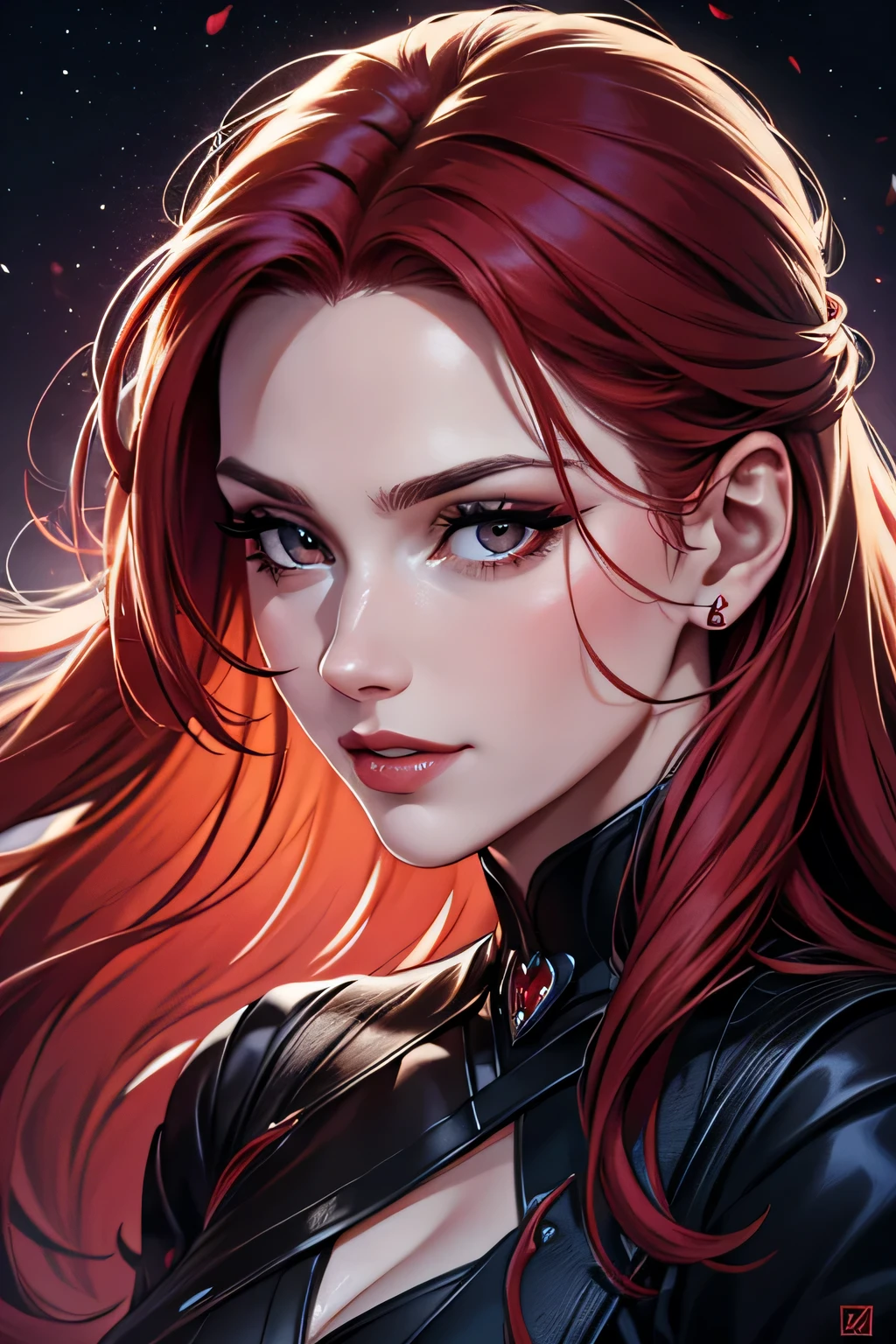 portrait shot, ((vivid red hair)), mature woman, 30 years old, diamond face, moonlight, red starry sky background, depth of field, magic, big red lips, ((dark black eyes)) black and red long and full dress, covered chest, mystical atmosphere, ominous shadows, Intense blue aura, Intense red aura (best quality:1.2), absurdres, intricate details, (highly detailed skin:1.2), smile expression, posing, taut and well defined body, attractive. Highly realistic, pale skin, beautiful, hyperrealism, skin very elaborated, direct gaze
