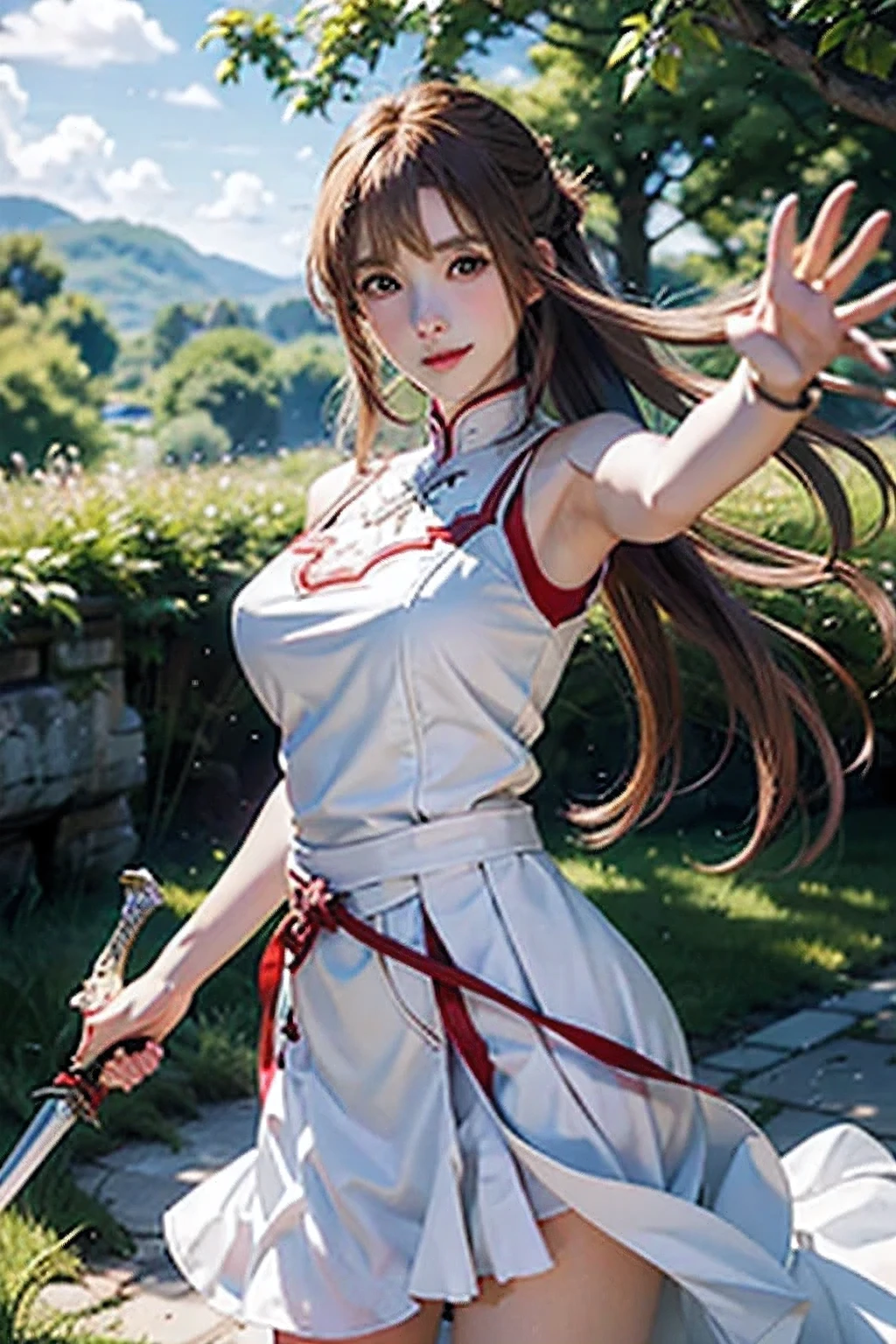 ((highest quality))、masterpiece、delicate in every detail、8K.real life.big breasts、You can almost see the pants、Asuna,light smile,sexy,sword, hold a weapon, white dress, armor, floating hair, red skirt, holding sword, outstretched arm, highest quality