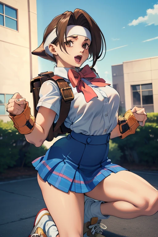 ((masterpiece, best quality, highres, UHD, perfect pixel, depth of field, 8k, RTX, HDR)), 1girl, single, solo, ((style of Akame Ga Kill!)),beautiful anime girl, beautiful artstyle, anime character, (( brown hair)), (brown:1.2, rounded eyes, beautiful eyelashes, realistic eyes), (detailed face, blushing:1.2), (smooth texture:0.75, realistic texture:0.65, photorealistic:1.2, anime CG style), medium breasts, (dynamic angle, dynamic pose:1.4, looking to viewer), ((black panties)), perfect body, busty, ((white band in the head, blue plaid skirts, red bow, red gloves, white tennis shoes,brown backpack on the back,white band on the forehead)), smile, open mouth, leaning forward, school