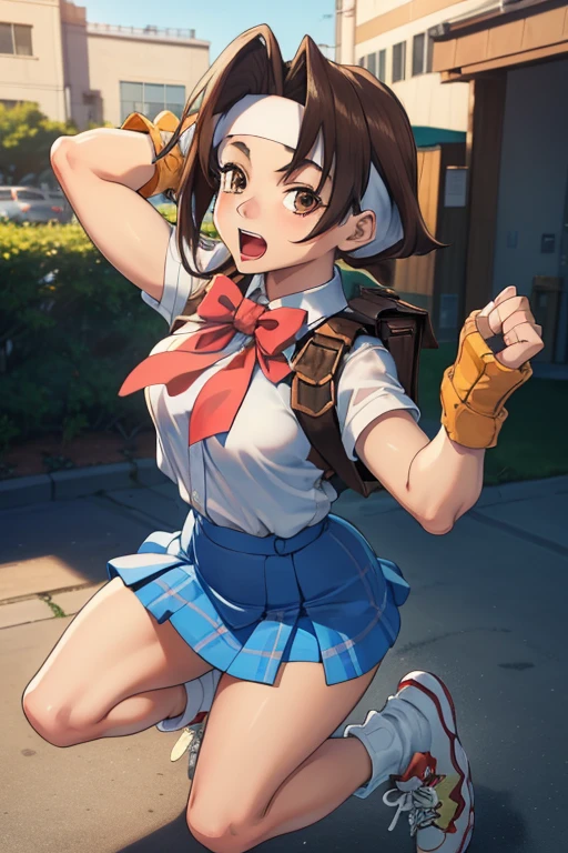 ((masterpiece, best quality, highres, UHD, perfect pixel, depth of field, 8k, RTX, HDR)), 1girl, single, solo, ((style of Akame Ga Kill!)),beautiful anime girl, beautiful artstyle, anime character, (( brown hair)), (brown:1.2, rounded eyes, beautiful eyelashes, realistic eyes), (detailed face, blushing:1.2), (smooth texture:0.75, realistic texture:0.65, photorealistic:1.2, anime CG style), medium breasts, (dynamic angle, dynamic pose:1.4, looking to viewer), ((black panties)), perfect body, busty, ((white band in the head, blue plaid skirts, red bow, red gloves, white tennis shoes,brown backpack on the back,white band on the forehead)), smile, open mouth, leaning forward, school