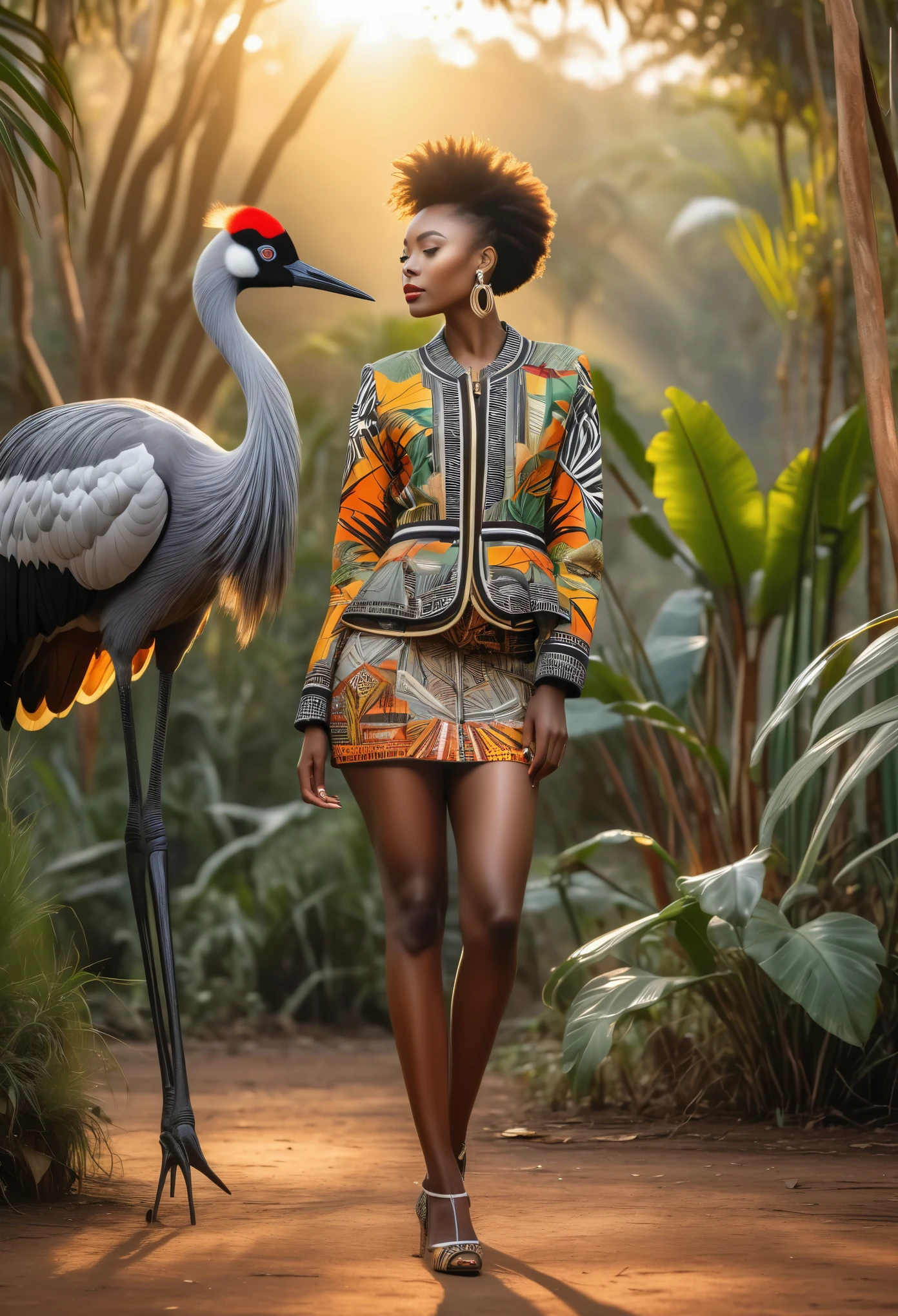 side angle view of black woman dressed in African designed jacket and mini skirt with high heels standing beside a crested crane in a jungle, safari travel art, sunrise in background shining cinematic light, highly-realistic image,
