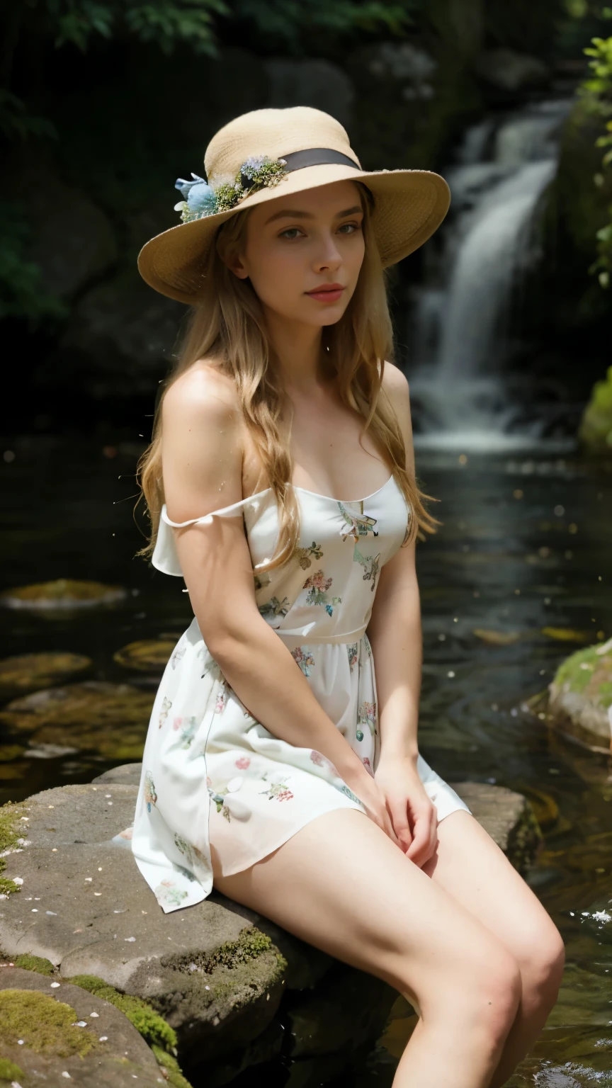 In a picturesque scene of natural serenity, a young woman with long blonde hair, piercing blue eyes, and captivating red lips adds a touch of charm with a stylish hat perched atop her head. Seated gracefully upon a moss-covered stone, she exudes timeless elegance, her figure adorned in a romantic floral midi dress that seamlessly blends with the verdant surroundings.
As she gazes into the distance, her expression serene and contemplative, the soft, diffused glow of cinematic lighting envelops the scene, casting a dreamlike aura without harsh shadows. The tranquil sound of the babbling brook provides a soothing backdrop to her pose, enhancing the overall sense of tranquility and natural beauty.
With the addition of the hat, her ensemble takes on a whimsical yet sophisticated air, adding a touch of intrigue to her already captivating presence. The hat's brim casts a subtle shadow over her delicate features, creating an aura of mystery and allure.
Lost in her own thoughts, she becomes a vision of elegance and grace amidst the embrace of nature's tranquility, embodying the essence of serene romance with every poised gesture.