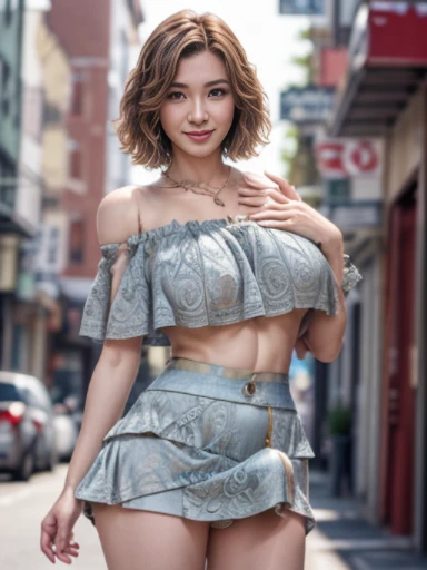 (8K, RAW photo, professional, best quality, masterpiece:1.2), (realistic, photo-realistic:1.37), ultra detail,(best detail skin:1.2), (best detail face:1.2), cinematic lighting,  a japanese transsexual woman in the back street of Japan, from below, (1 woman), ((transsexual, cloth bulge, bulgeJ8)), ((she has a huge cock, she has a visible boner, erection under clothes)), (huge breasts), she is wearing ((tiered mini skirt)) and ((off-shoulder crop top)), necklace,  hot summer day, sun is shining, middle of the day, looking at viewer, she has very flirty smile looking at you, she is extremely sexy and beautiful, ((extremely beautiful)), her body has beautiful curves, ((perfect waist line)), she is slender, she is slim body, (beautiful legs), (nice round booty), (fine textured skin:1.2), (intricate details: 1.6), 