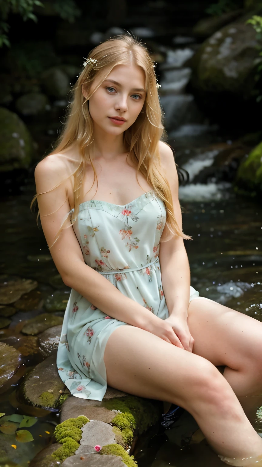 RAW, photograph,((best quality)), ((masterpiece)), ((realistic)), gorgeous european woman, 24 year old, (long blonde hair), blue eyes, Green dress, sitting in a body of water, stunning elegant pose, pale tunic, flowing dress, summer season, wearing a dress made of water, varied poses, rainfall, soaked, dripping wet, innocent, (freckles:0.6), intricate details, highly detailed, sharp focus, professional, 4k, god rays, stunning blue eyes, delicate, innocent, highres, detailed facial features, high detail, sharp focus, smooth, aesthetic, extremely detailed, photo_\(ultra\), photorealistic, realistic, post-processing, max detail, roughness, real life, ultra realistic, photorealism, photography, 8k uhd, photography, SEMI-SILHOUETTE light, european face, instagram, viral instragram photo