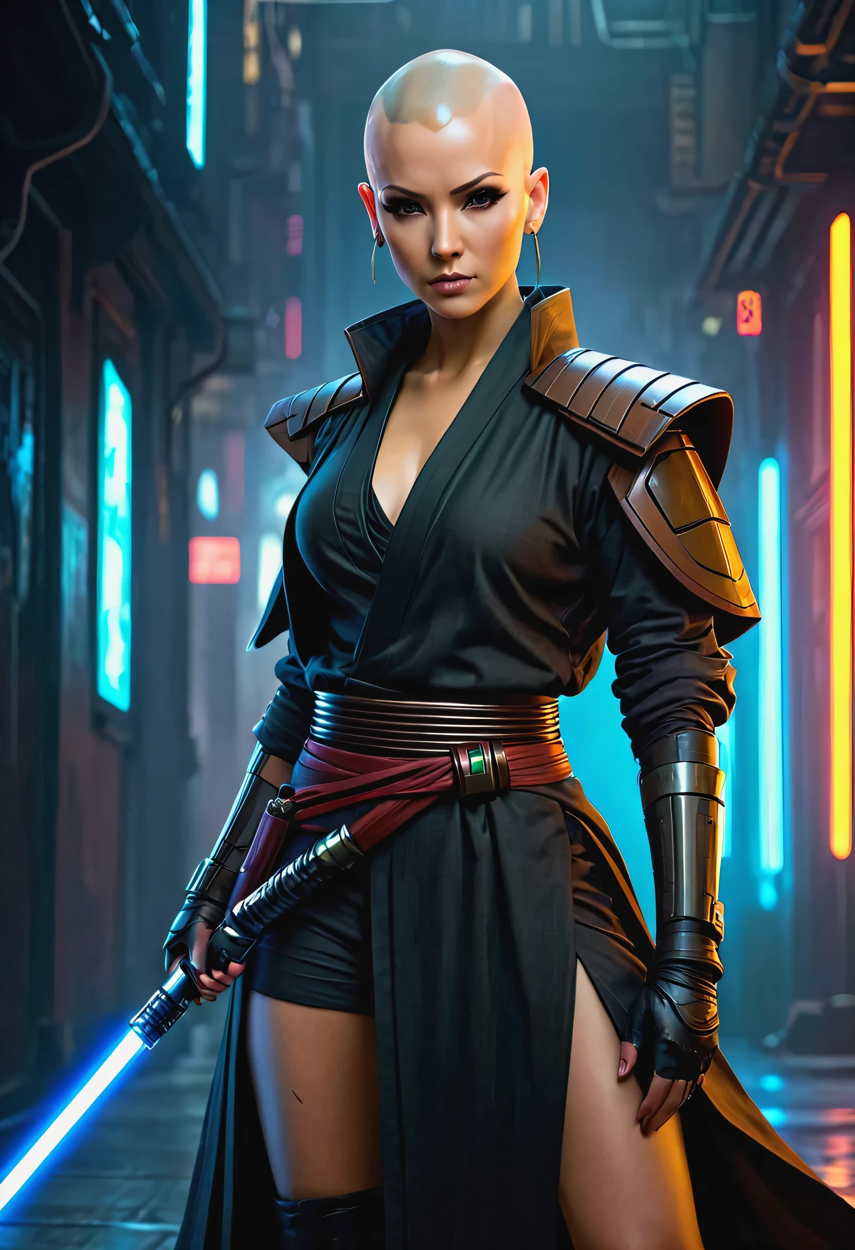 Jedi`s lightsaber,sh4g0d style cyberpunk female warrior,(Bald,monk:1.2),bushido,robe