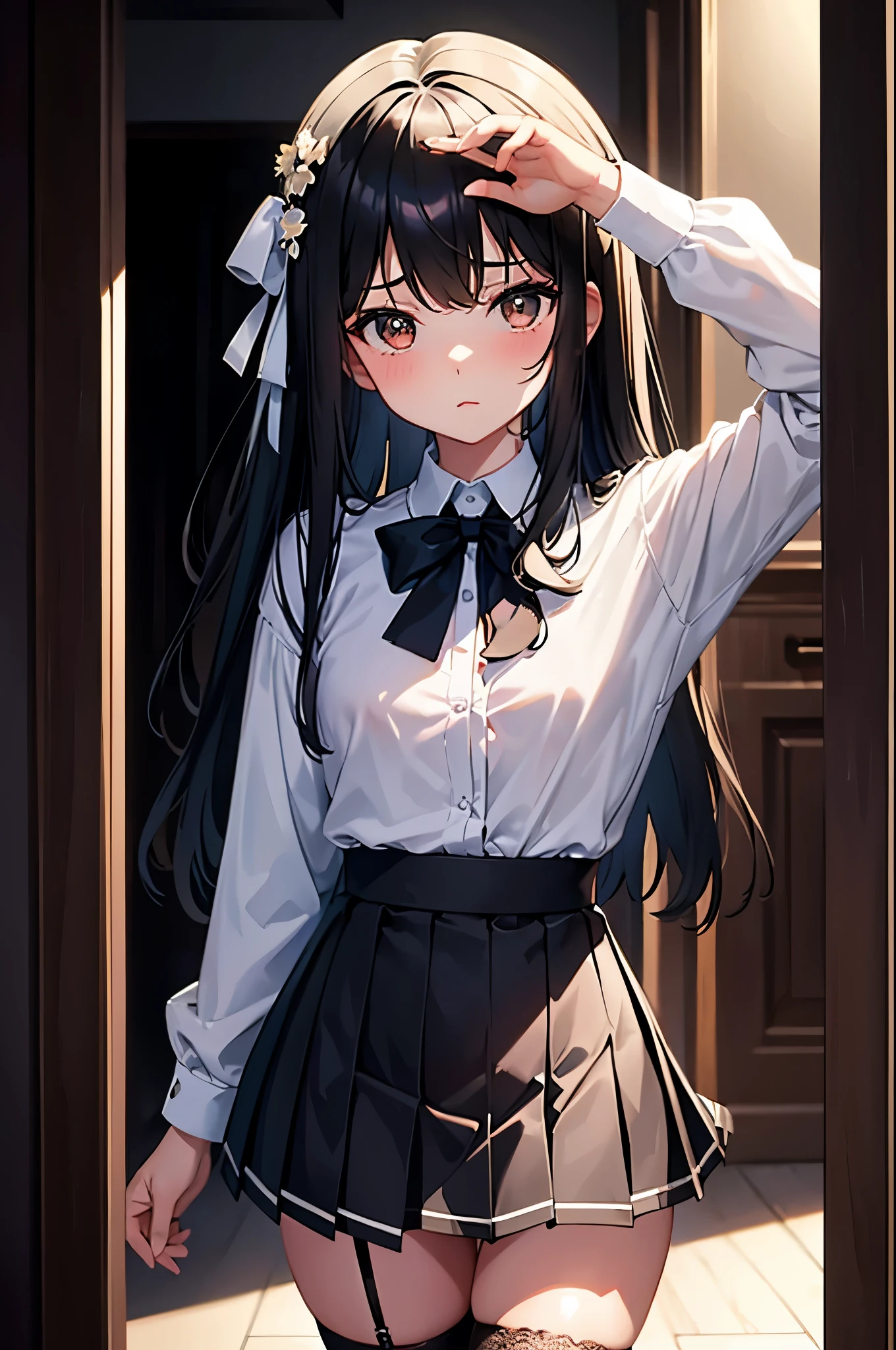 General: A solo figure of a girl ,flat chest,flat chest,flat chest,flat chest,flat chest,flat chest,flat chest ,small breasts , dressed in a delicate school uniform with a pleated skirt and a blouse, tucked in with a bowtie and a bow on the chest, looking directly at the viewer, her black hair cascading down in soft waves, framing her face with bangs. Her thighs are covered by black thigh-highs with lace trim, peeking out from under the short skirt. She wears string panties and has a blush on her cheeks. Sensitive: This masterpiece painting portrays a tender moment of