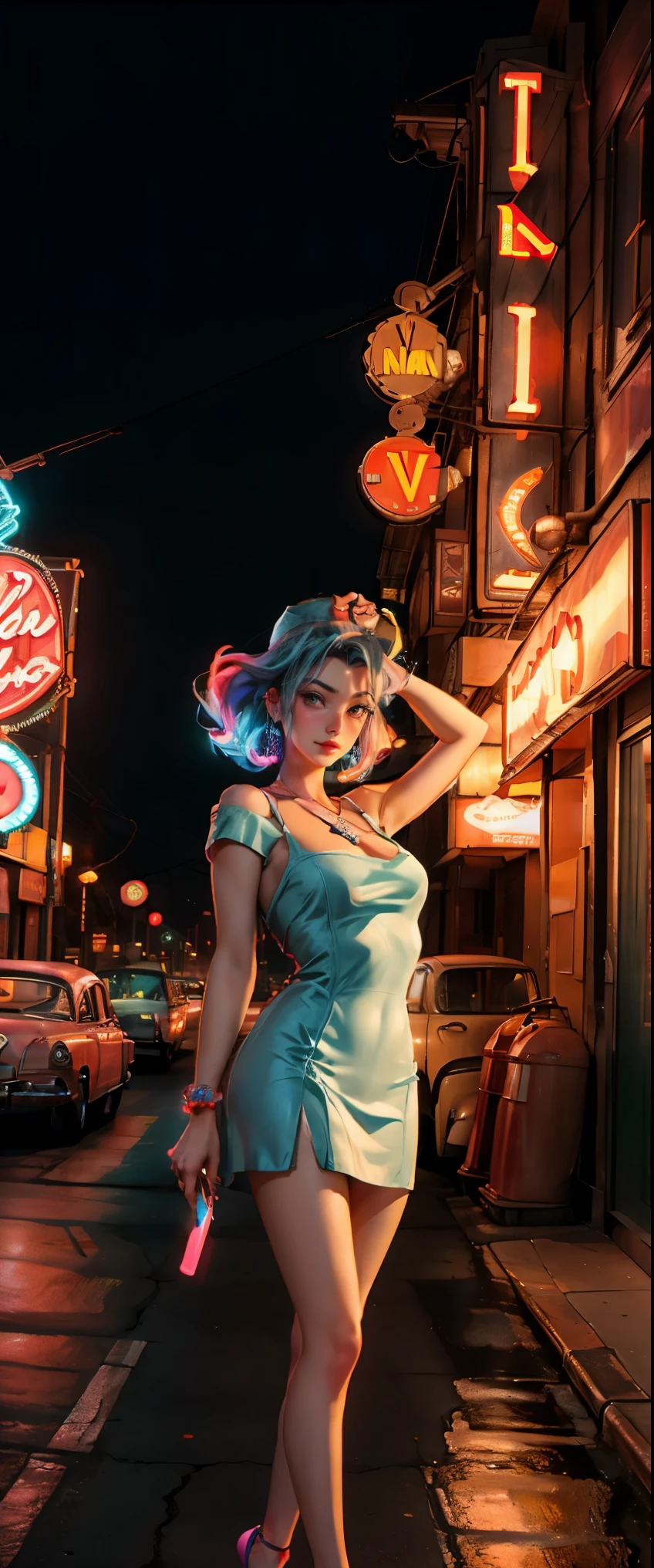 ((masterpiece, highest quality, Highest image quality, High resolution, photorealistic, Raw photo, 8K)), arafed view of a motel with a car parked in front of it, with neon signs, A woman waiting for a guest in front of a motel, seduction, short dress and high heels, route 6 6, neon signs, 1 9 5 0 s americana tourism, some have neon signs, neon lights outside, neon advertisements, gigantic neon signs, neon shops, by Arnie Swekel, few neon signs, neon signs in background,