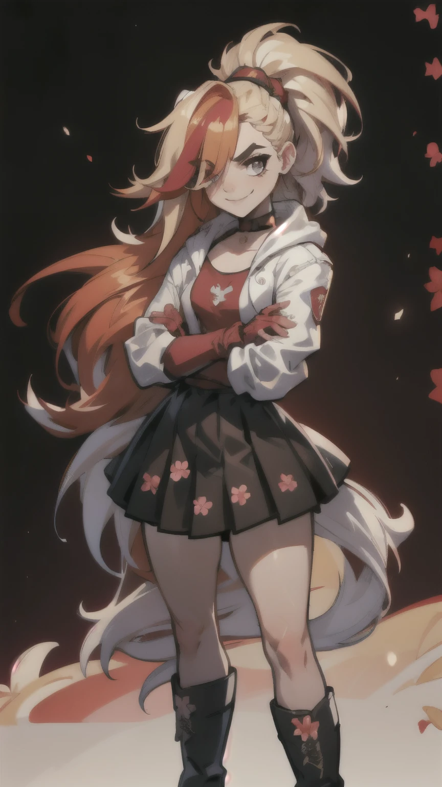 (best quality:1.2),solo,1girl,mdrin,smile,looking at viewer,crossed arms,ponytail,v-shaped eyebrows,white jacket,red shirt,fingerless gloves,black skirt,choker,illustration,floral garden background,warm color tones,soft lighting, Hair over one eye, ultra long hair, standing on hooftop, long boots