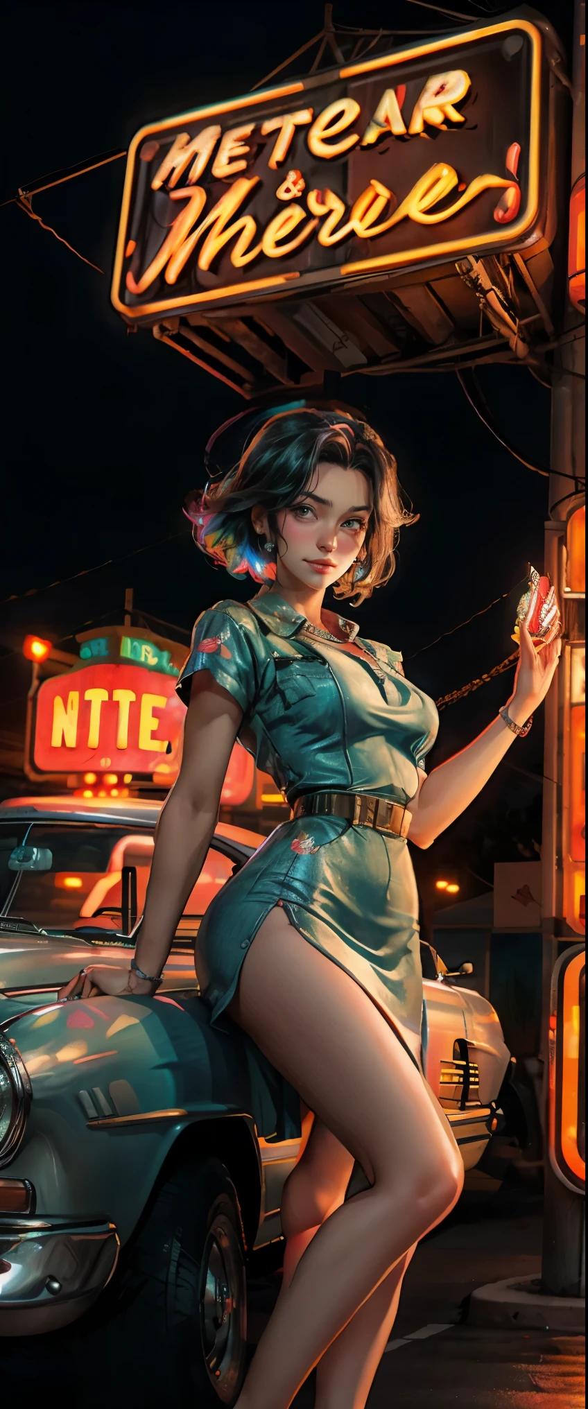 ((masterpiece, highest quality, Highest image quality, High resolution, photorealistic, Raw photo, 8K)), arafed view of a motel with a car parked in front of it, with neon signs, A woman waiting for a guest in front of a motel, seduction, short dress and high heels, route 6 6, neon signs, 1 9 5 0 s americana tourism, some have neon signs, neon lights outside, neon advertisements, gigantic neon signs, neon shops, by Arnie Swekel, few neon signs, neon signs in background,