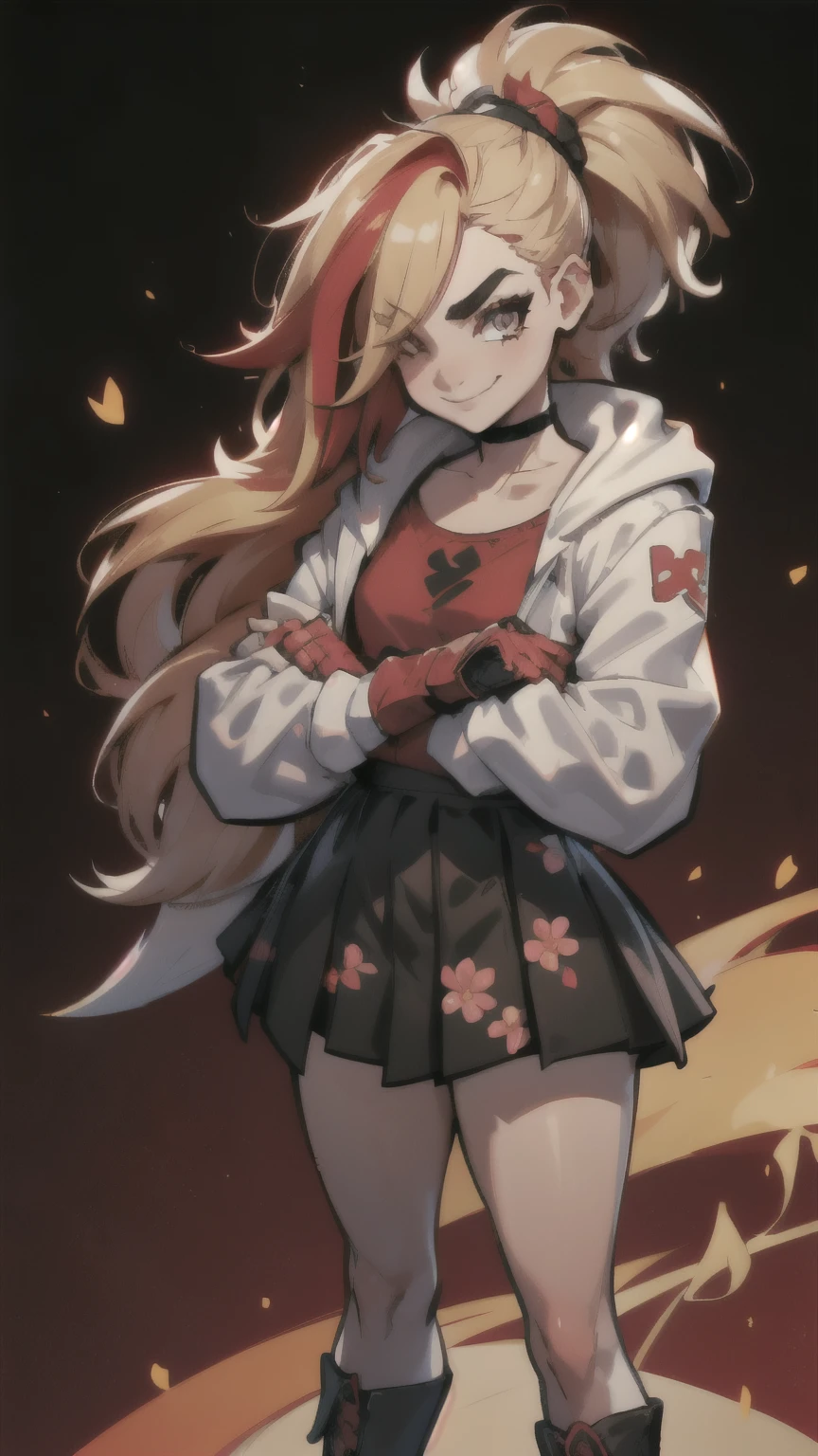 (best quality:1.2),solo,1girl,mdrin,smile,looking at viewer,crossed arms,ponytail,v-shaped eyebrows,white jacket,red shirt,fingerless gloves,black skirt,choker,illustration,floral garden background,warm color tones,soft lighting, Hair over one eye, ultra long hair, standing on hooftop, long boots