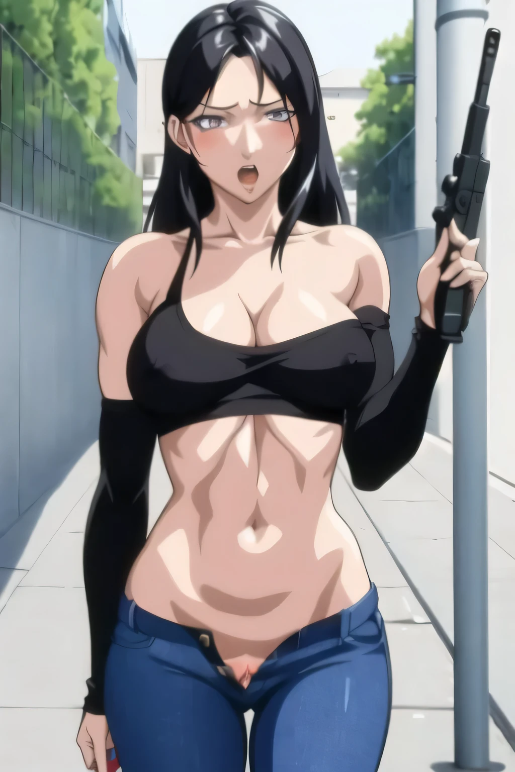 1girl, solo,, blush, open mouth,, large_breasts, cleavage, black_hair, black_eyes, long_hair, ultra-detailed, detailed eyes and face, Bible Black Style, masterpiece,high quality,4k, bare shoulder,belly,crop top,outdoor,cleavage,jeans,casual
dress,street,road,smile, open mouth, (nsfw) not safe for work, holding a gun,handgun, evil expression,
exposed belly, exposed navel, exposed midriff, exposed lower belly, crop top overhang, underboob,
unbuttoned jeans , low rise black jeans, Low rise jeans, Low rise jeans with open fly, navel piercing