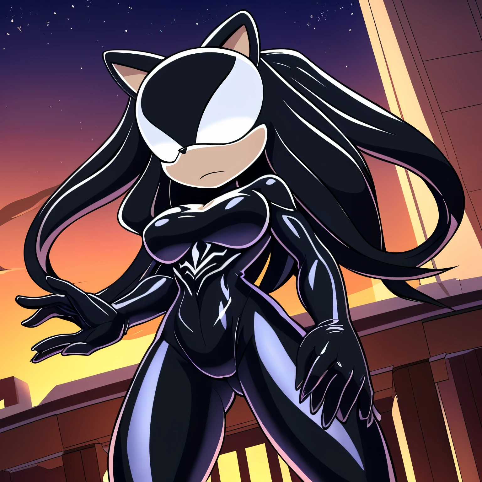 Mobian, female, fox, long hair, feminine eyelashes, medium breasts, ((large hair bangs)), fox tail, perfect feminine figure, black muzzle, (blank white eyes), intricate details, (detailed background:1.3), anime style, night, serious, standing, furry female, (solo), sundown, best quality, ((wearing a she venom Symbiote like bodysuit)), (2D Art Style), (flat colors)
