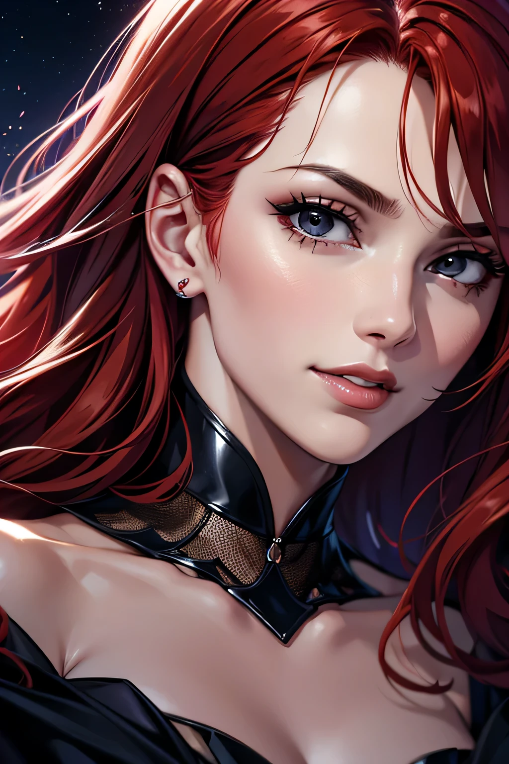 high quality, normal hands, detailed fingers,masterpiece, (realistic, photo-realistic:1.37), 22 years old woman lying on her bed , medium breast, ginger hair, glamour, blue eyes, beautiful face, perfect illumination, beautiful detailed eyes,looking at viewer, stunningly beautiful woman, detailed hairstyle, detailed background, latex full body suit, (latex), lying on back, top down view, spread legs --auto --s2
