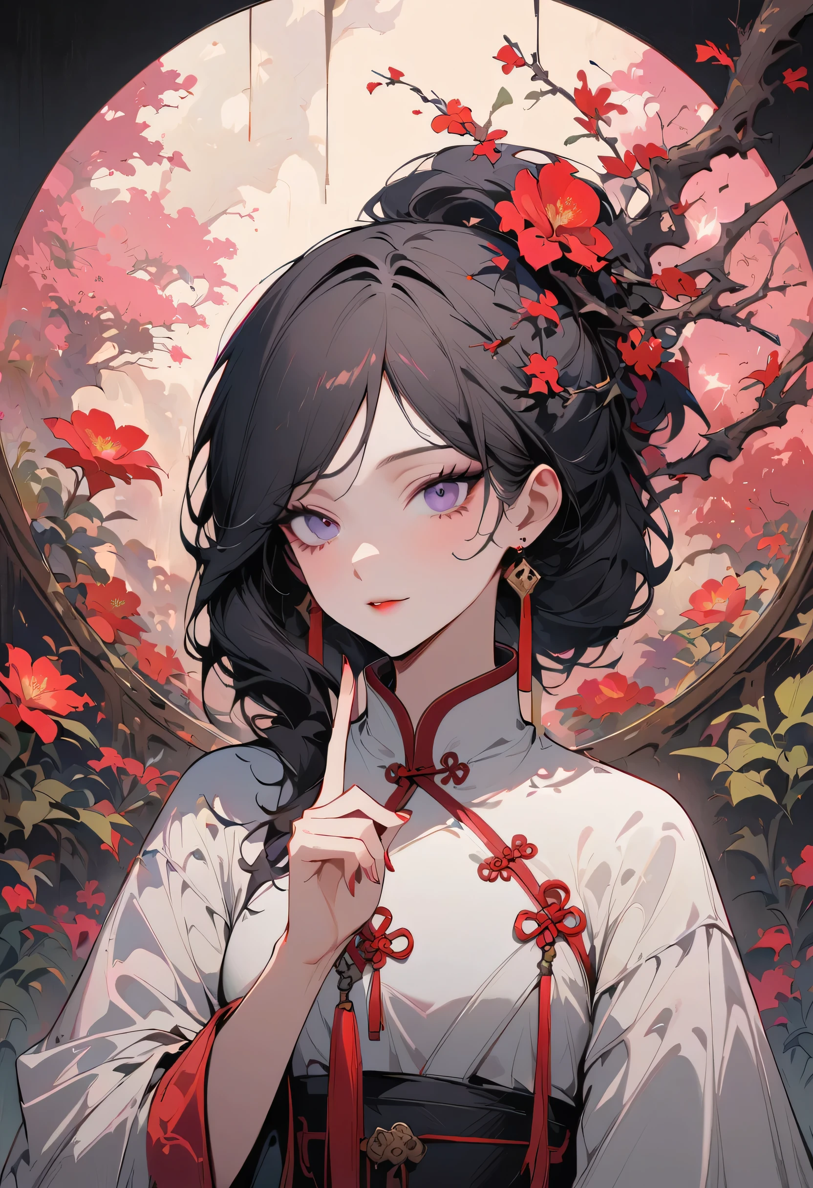 masterpiece,Extremely detailed ofCG unified 8k wallpaper,1 girl, beauty of, actual of, blur of, blur of_background, blur of_prospect, branch, brown of_hair, 梅flower, depth_of_site, earrings, flower, jewelry, nose, actual of, own of,Chinese clothes,Finger hidden, weapon concealment, only wear