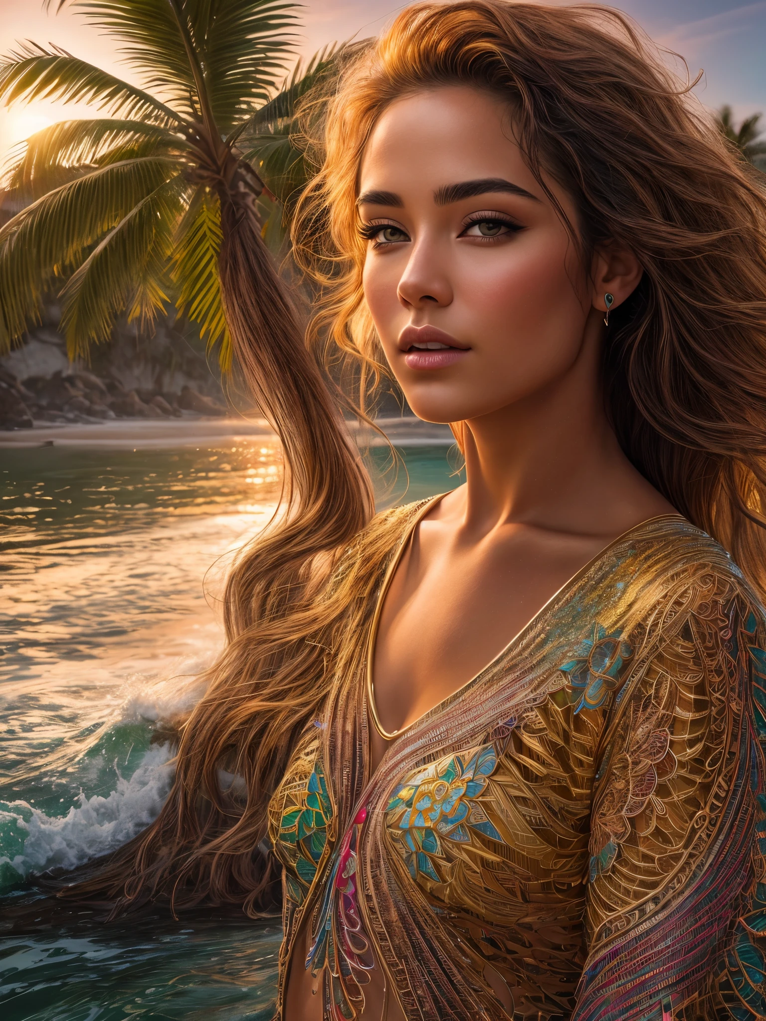 A stunning portrait of a beautiful woman, capturing every detail in high-resolution and ultra-detailed realistic style. Her lifelike colors radiate a vibrant palette, reflecting the warm hues of a glowing sunset over a tranquil beach scene. The photorealistic image showcases the intricacies of her features, bringing out the true textures of her skin under the HDRI lighting. The professional composition utilizes both sharp focus and bokeh, perfectly balancing the depth of the scene and highlighting the physical beauty of the subject. Set against the backdrop of crashing waves and lush palm trees, this image is a true masterpiece of physically-based rendering, beautifully