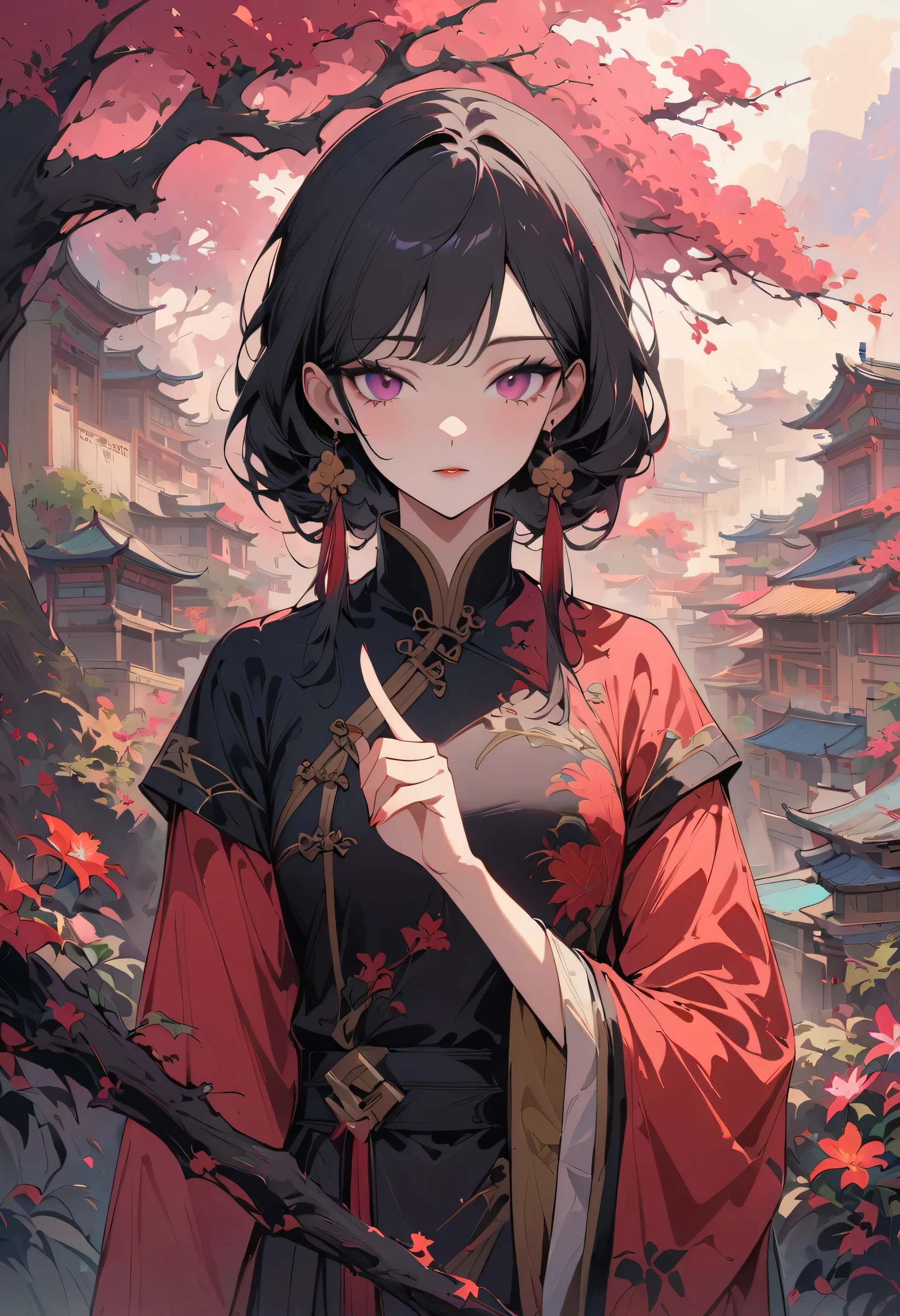 masterpiece,Extremely detailed ofCG unified 8k wallpaper,1 girl, beauty of, actual of, blur of, blur of_background, blur of_prospect, branch, brown of_hair, 梅flower, depth_of_site, earrings, flower, jewelry, nose, actual of, own of,Chinese clothes,Finger hidden, weapon concealment, only wear