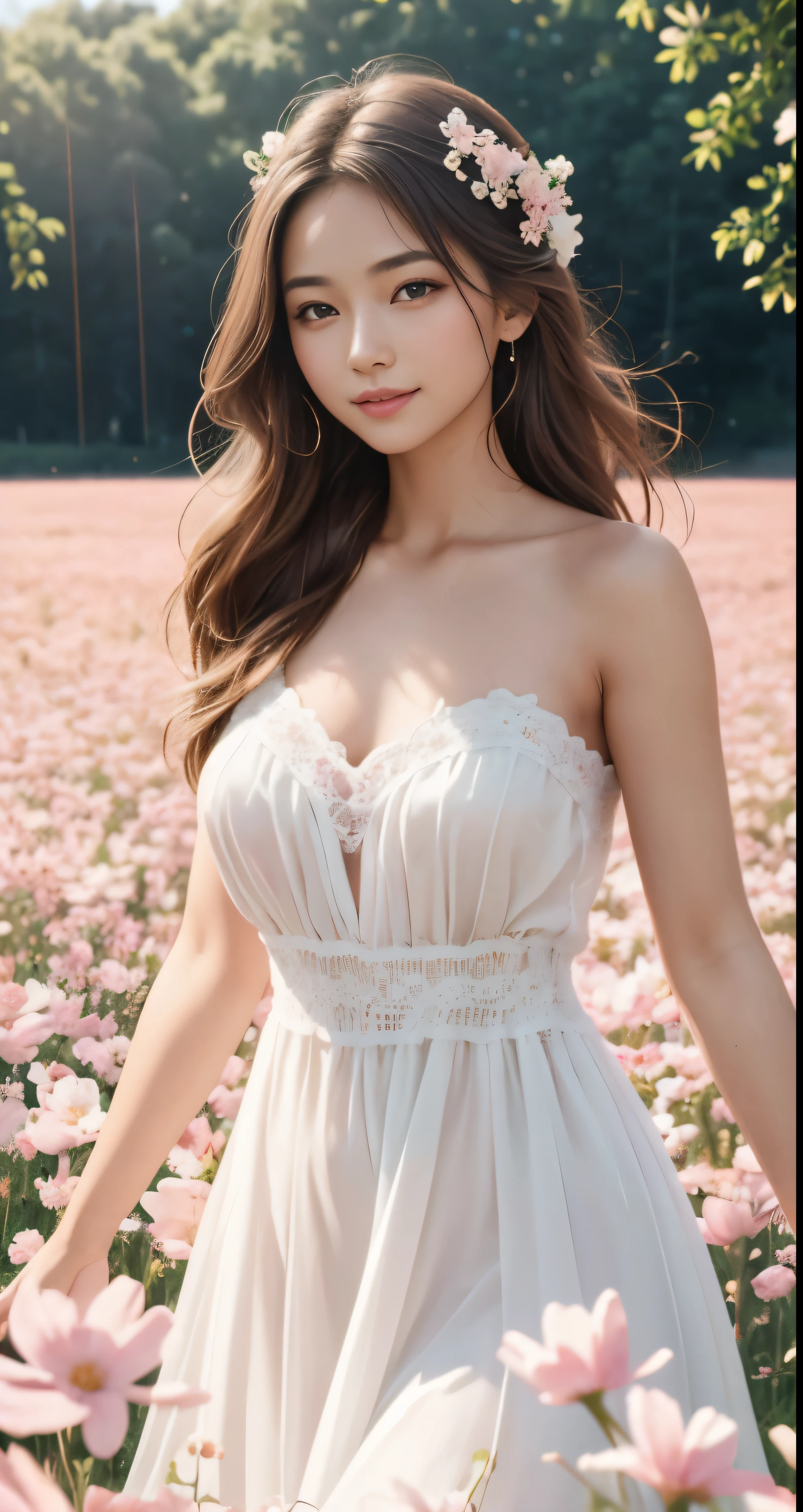 Create a breathtaking visual representation of a young woman in a white dress, standing in a vast field of blooming pink flowers. This masterpiece of a photograph captures her in raw, ultra high resolution, showcasing every intricate detail with photorealistic precision (1.4). The girl's bare shoulders are exposed, highlighting her delicate beauty, while her skin radiates a natural glow. With a slight smile gracing her lips, she exudes an enchanting aura, captivating anyone who beholds this best quality image.