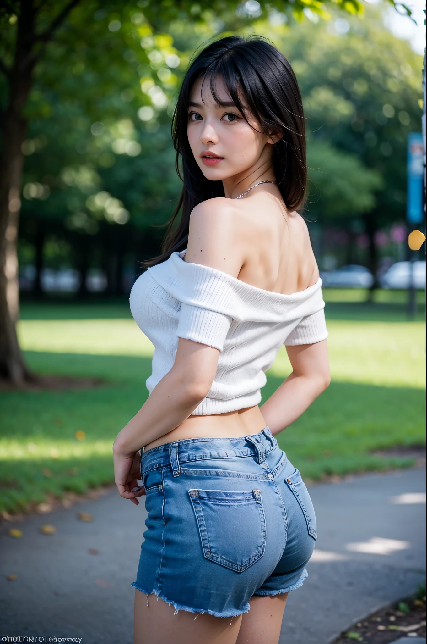 (highest quality, 8k, 32k), masterpiece,(ultra high resolution,realistic:1.4,RAWphotograph), (Super detailed,caustics),sexyなphotograph,1girl, big breasts, big breasts, black hair, bangs, long hair (long hair: 1.4), Beautiful eyes in detail, long eyelashes, narrow eyes, elongated eye shape, Three white eyes, Wearing white off-the-shoulder, jeans shorts, emphasize the buttocks, big ass, round hips, big ass, Covered with back turned away from camera , sexy, big breasts, Supermodel with very dark tan, beautiful face, blue eyes, detailed body, perfect eyes, perfect face hdr, Photoreal, photograph, highest quality, I'm in the park, Bokeh, NSFW,
