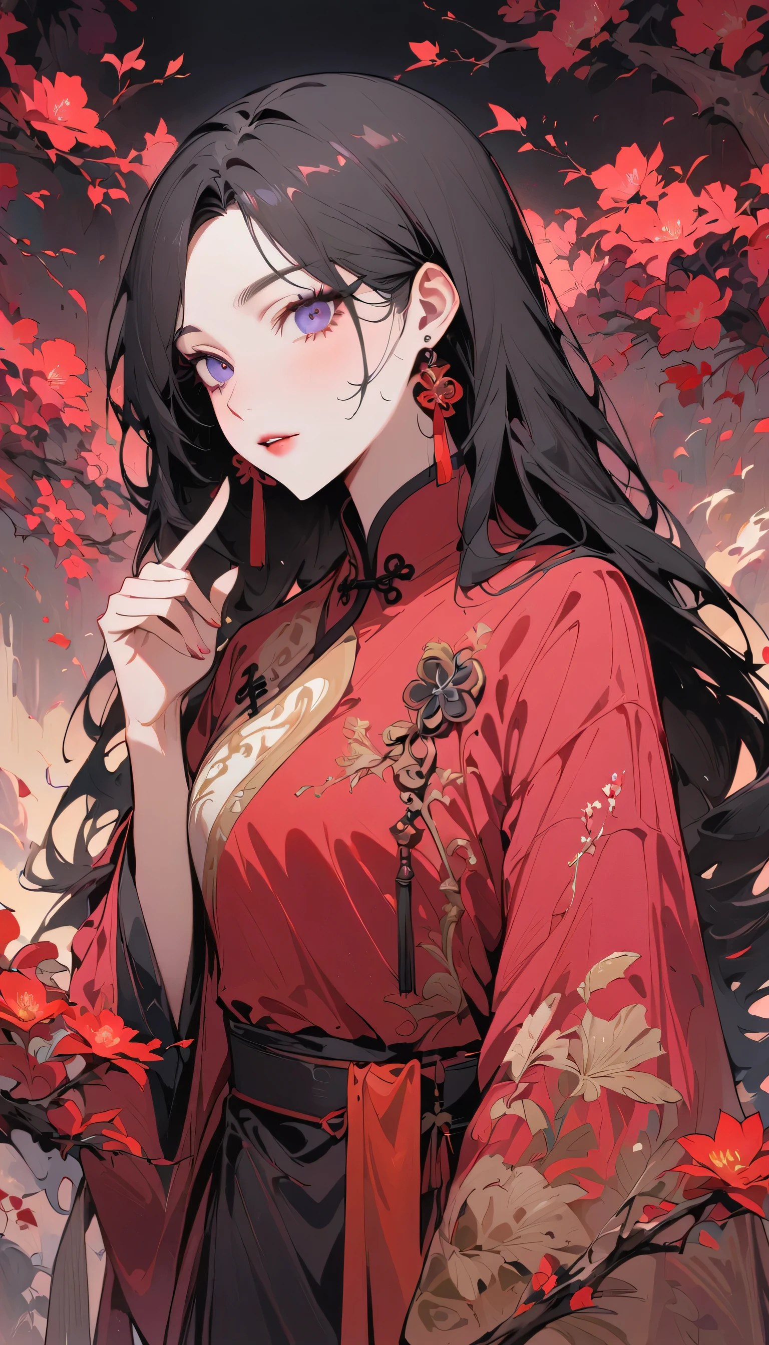 masterpiece,Extremely detailed ofCG unified 8k wallpaper,1 girl, beauty of, actual of, blur of, blur of_background, blur of_prospect, branch, brown of_hair, 梅flower, depth_of_site, earrings, flower, jewelry, nose, actual of, own of,Chinese clothes,Finger hidden, weapon concealment, only wear