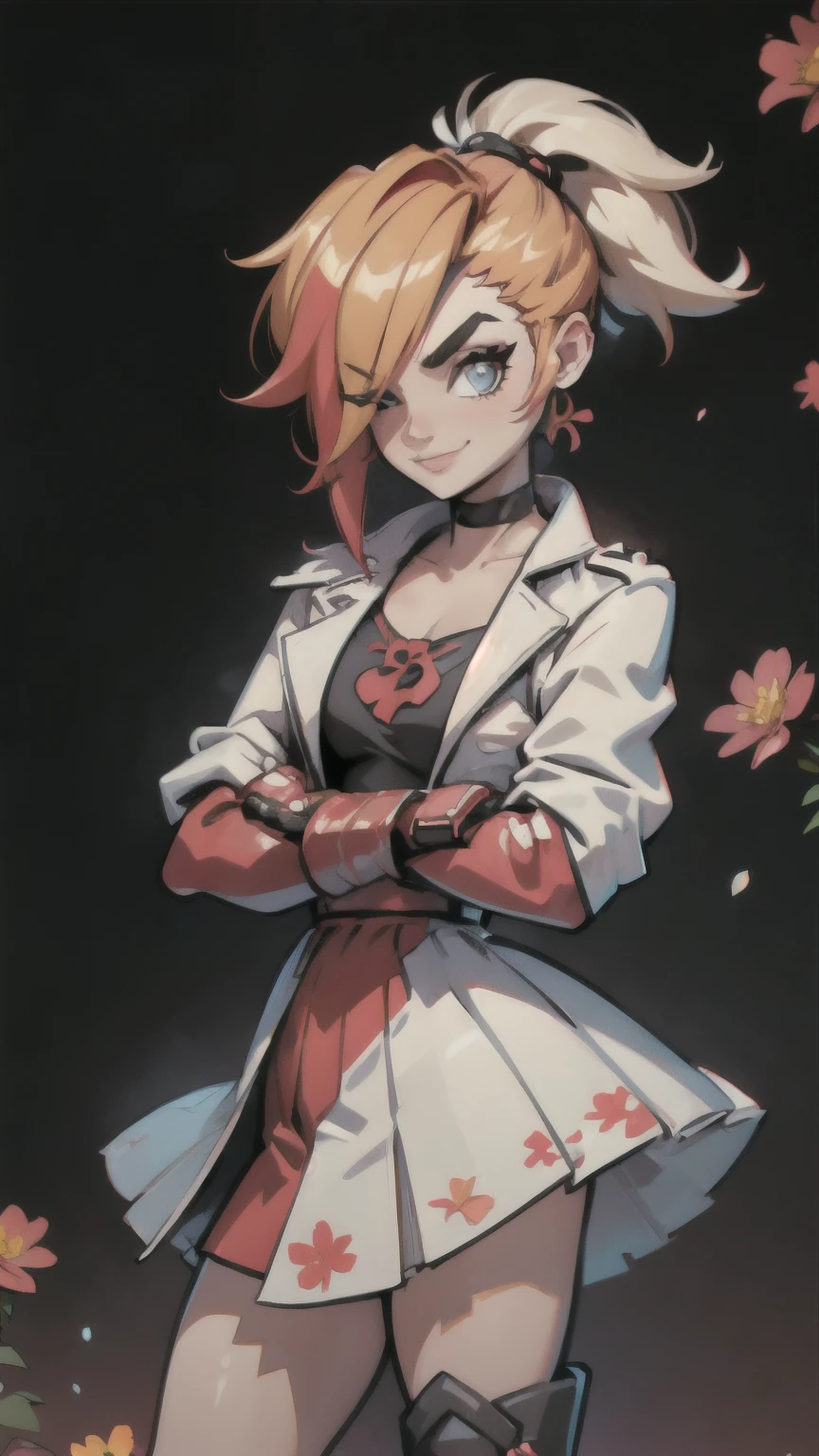 (best quality:1.2),solo,1girl,mdrin,smile,looking at viewer,crossed arms,ponytail,v-shaped eyebrows,white jacket,red shirt,fingerless gloves,black skirt,choker,illustration,floral garden background,warm color tones,soft lighting, Hair over one eye, ultra long hair, standing on hooftop, long boots