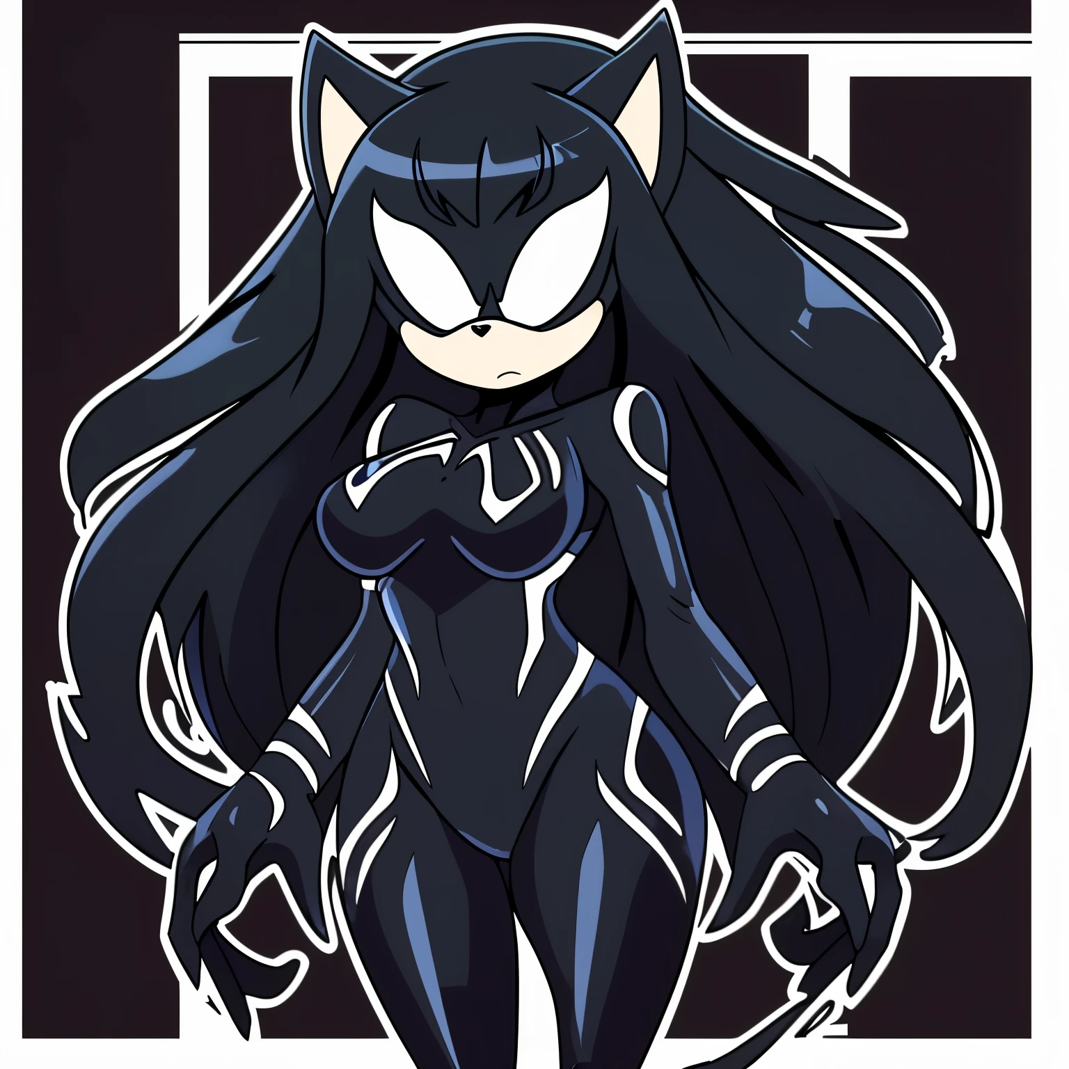 Mobian, female, fox, long hair, feminine eyelashes, medium breasts, ((large hair bangs)), fox tail, perfect feminine figure, black muzzle, (blank white eyes), anime style, standing, furry female, (solo), best quality, ((wearing a she venom Symbiote like bodysuit)), (2D Art Style), ((flat colors)), blank background, serious