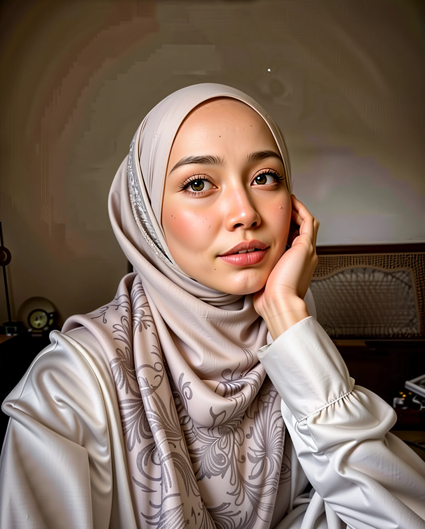 masterpiece, (ultra-high-definition portrait, vignet:1.4), Realistic, extremely detailed, CG unified, 8k, Clean lines, highly detailed, High-definition, raw color photos, Realistic portrait, Cinematic Light, Beautiful detailed, (1hijabgirl, indonesian:1.5), (165cm tall, big breasts with lips like she wants to kiss:1.5), Beautiful big breasts, breasts details, very tight, (Biggorgeous breast, Glance side eye:1.5), (Soft smiling, Big Breast:1.4), Close up of a girl in Beautiful clothes with errected nipple, biggorgeous breast, Smiling, scarf, (Bombastic Side Eyes with curvaceous body:2), pose 4 of 1 6, Undress, No bra, (nipples that are clearly sticking out detail:1.2), Outdoors, high intricate detailed.