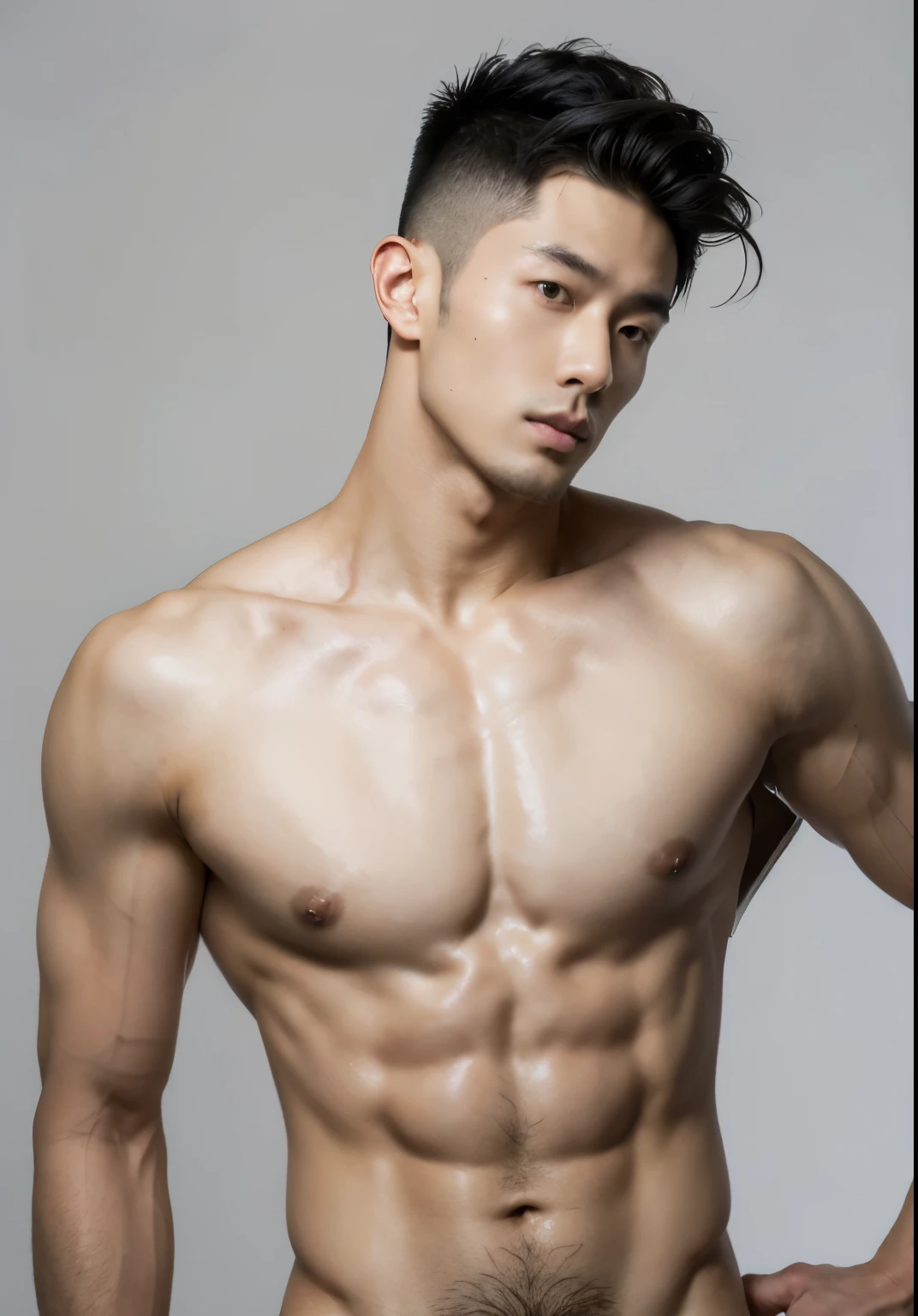 Japanese male model in a briefs, Full Body Shoot, Quiff haircut, look at camera, detailed facial parts, Manly, Charmer, Active Boy, stand in front of gray background, Freestyle Pose, Happy Expression, perfect anatomy, symmetric body, asian boy 19 years old, shirtless :: high detail, asian, a little six packs attractive body, realistic, human skin, Short Hairstyle, handsome chad chin, shirtless, handsome, attractive, masculine,  attractive, human skin, (eyes contact), Handsome, Attractive