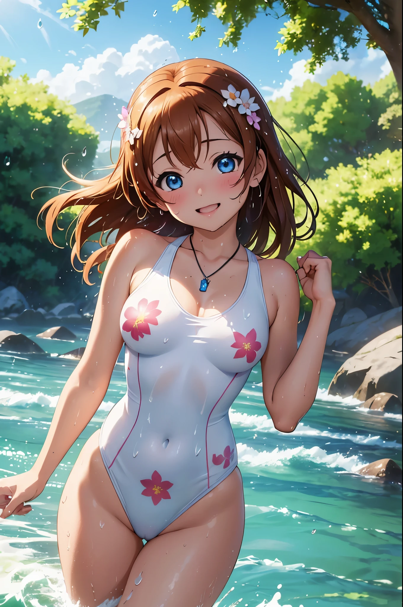 (Masterpiece, Best Quality, High Quality), (chibi),kousaka honoka, volumetric lighting, illustration, blue eyes,beautiful, tight ,(wet:1.2), wet thighs,Blushing, breasts, looking at viewer, flowers printed leotard swimsuit, white swimsuit,solo, curvy body,under water, floral print, looking to the side, confident, seductive smile, (arms behind back, head tilt:1.1), heart pendant,perfect lighting, perfect shadows, flower, (breathtaking scenery:1.1), tree, blushing,(her hair flying from the wind:1.3),(detailed hair strands),Water spray,(Water splash and water drops:1.3),(motion blur:1.3), open mouth 