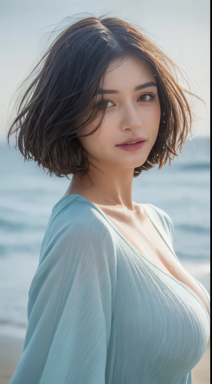 ((Best Quality, 8k, Masterpiece:1.3)), Focus:1.2, Perfect Body Beauty:1.4, Buttocks:1.2, ((Layered Haircut, Breasts:1.2)), (Wet Clothes:1.2) , (Rain, seaside:1.3), Bandeau Dress: 1.1, Highly Detailed Face and Skin Texture, Fine Eyes, Double Eyelids, Whitened Skin, Long Hair, (Shut Up: 1.3)