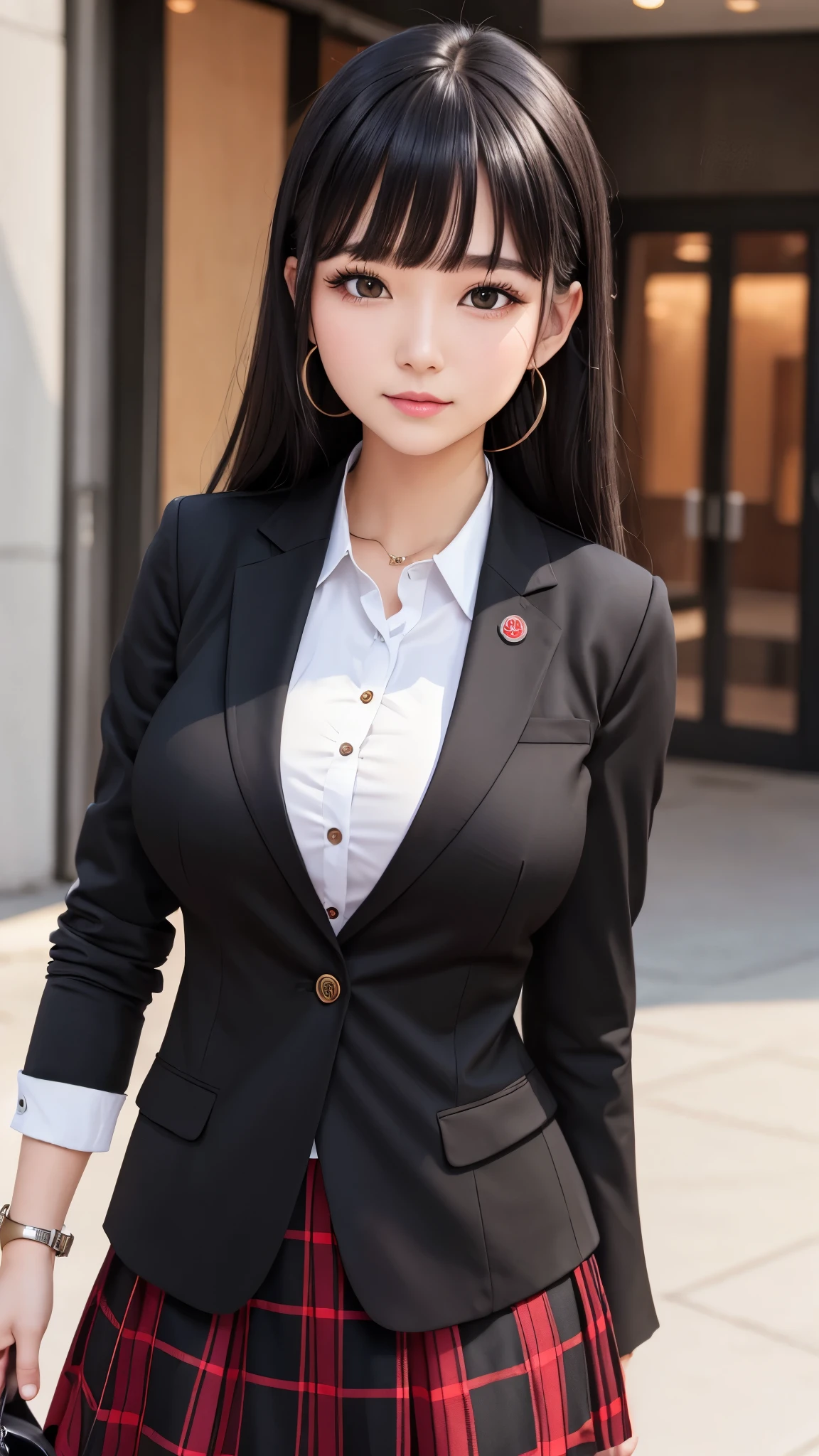 ((high quality)), ((8k)), (detailed face), (highlight), female、Big breasts、blunt bangs、black hair、plaid skirt、blazer、red to black、