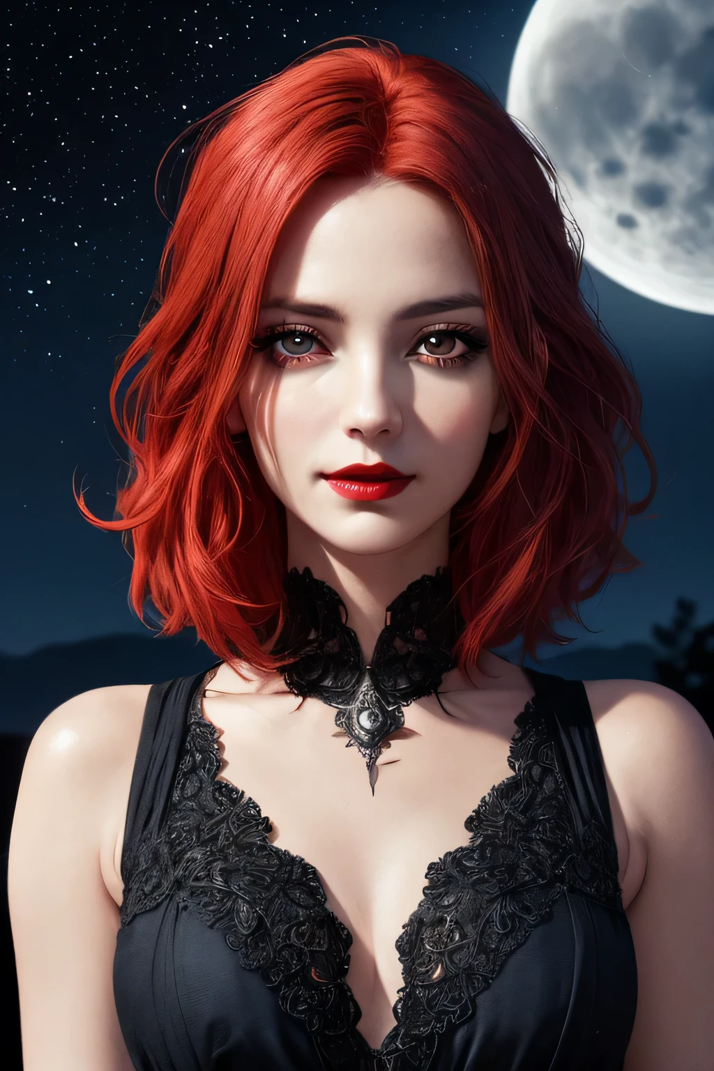 portrait shot, ((vivid red hair)), mature woman, 30 years old, diamond face, medium breast, moonlight, red starry sky background, depth of field, magic, big red lips, ((dark black eyes)) (Detailed beautiful eyes) red long and full dress, covered chest, mystical atmosphere, ominous shadows, Intense blue aura, Intense red aura (best quality:1.2), absurdres, intricate details, (highly detailed skin:1.2), smile expression, posing, taut and well defined body, attractive. Highly realistic, pale skin, beautiful, hyperrealism, skin very elaborated, direct gaze AB JLEE3, Complex facial details for all characters, Expressive eyes and nose and mouth, unzoom, author：Jim Lee Right Section Centered, Key, Visual, Complex, Highly Detailed, Breathtaking, Precise Line Art, Vibrant Panorama Film
