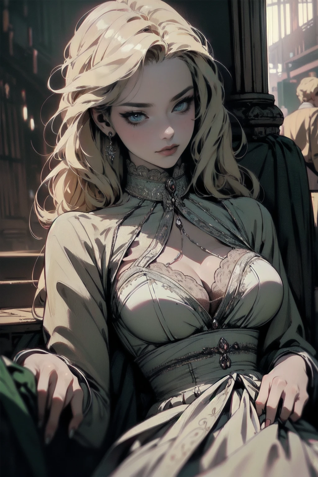 { - anatomy error}(Masterpiece - Ultra-detailed, very high resolution) Prepare to be enchanted by a true masterpiece that combines ultra-detailed art with high-resolution rendering. This work depicts a mesmerizing woman with very long blond hair (1.3) and captivating opal eyes (1.2), emanating an aura of elegance and mystery in Victorian settings. The intricate details and realistic textures invite you to explore every aspect of this enchanting composition. Woman wearing beautiful classic Victorian costume from the year 1878. Red lips. Happy face. Smiling. white dress (white) dress. Walking, writing, lying down, standing, on your back, dynamic poses. Get ready to dive into a world where beauty and craftsmanship merge perfectly.