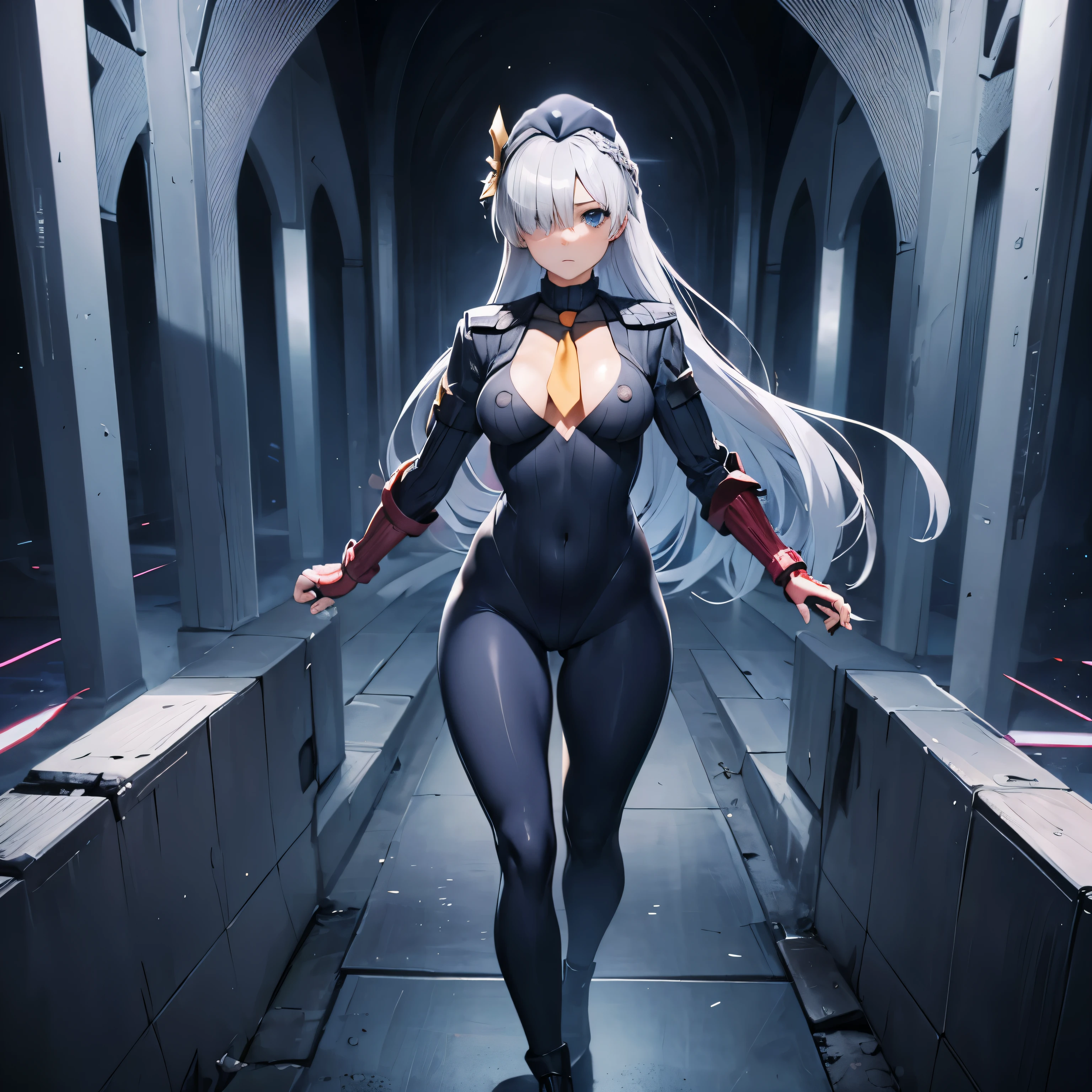 hat, necktie, gloves, ribbed bodysuit, expressionless, blank eyes, looking at viewer, corruption, mind control, female combatant, full body, hypnotized, unhappy trance, full body, obey, perfect female body, hypnosis, hypnoLora, empty eyes, Mind control device, poses, submissive_pose, Slave, standing straight, standing, standing at attention, Fighting Stance, extending the right arm from the shoulder into the air with a straightened hand, (((pixel-perfect, detail-perfect))), multiple girls, 2girl, hair ornaments, anastasia, blue eyes, grey hair, hair between eyes, (hair over one eye:1.5), long hair, bangs, medium breast