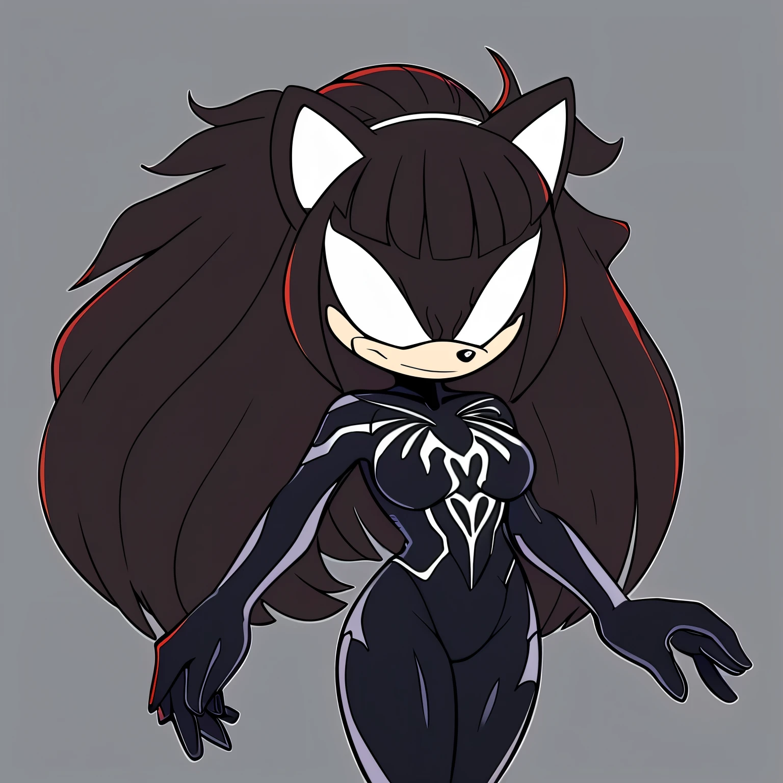 Mobian, female, fox, long hair, feminine eyelashes, medium breasts, ((large hair bangs)), fox tail, perfect feminine figure, black muzzle, (blank white eyes), anime style, standing, furry female, (solo), best quality, ((wearing a she venom Symbiote like bodysuit)), (2D Art Style), ((flat colors)), blank background, serious