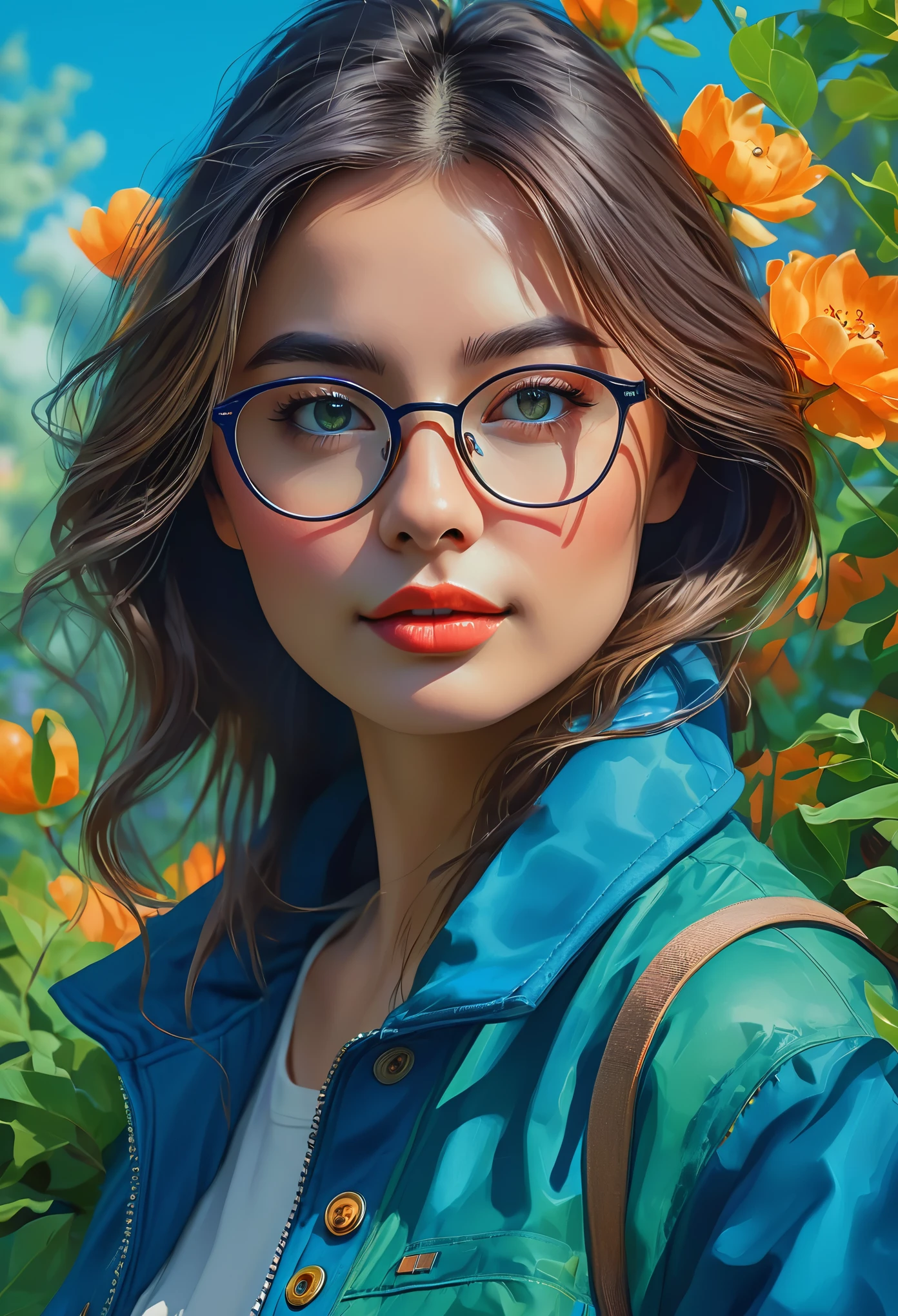 (best quality,4k,highres,masterpiece:1.2),ultra-detailed,realistic,portrait,intelligent confident fox,girl,blue jacket,detailed eyes,detailed lips,smart,wearing glasses,stylish,standing in a vibrant garden,beautiful flowers blooming,colorful,soft lighting,leaves rustling in the breeze,serene atmosphere,creativity,harmony,positive energy,feeling of tranquility,happiness,artistic style,hues of blue and green,fine brushstrokes,meticulous attention to detail,professional illustration,exquisite rendering,vivid colors,picture-perfect view,perfectly balanced composition,mesmerizing painting effects,awe-inspiring work of art.