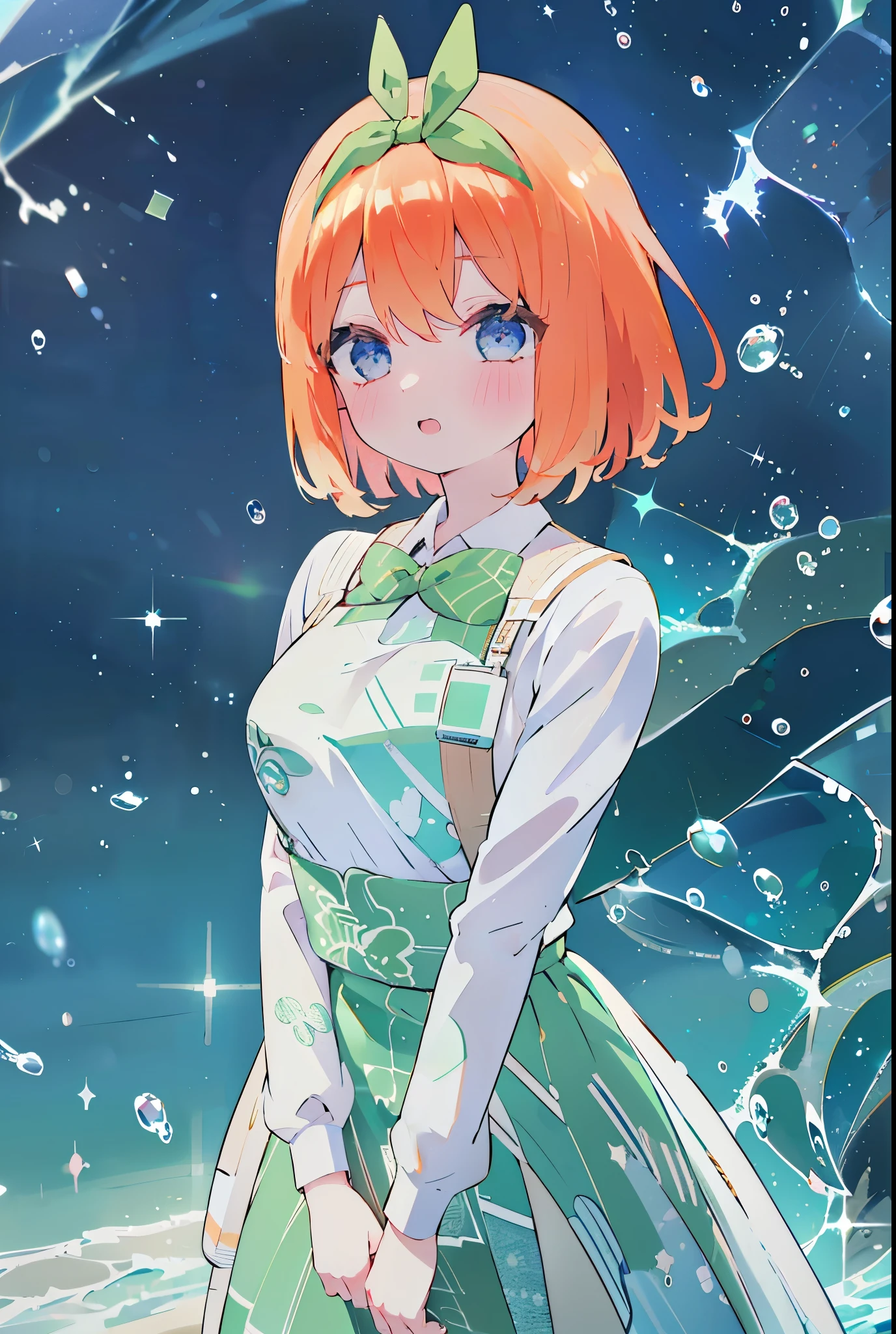 (1 girl, solo) pretty outdoors background, Yotsuba nakano, green ribbon on top of head, yotsuba wearing a pretty iridescent ice dress, simple iridescent crystal sparkle gown, silvery light blue monochrome dress, simple minimal dress, short orange hair, bob irange hair, blue eyes, nakano_yotsuba, splendid, iridescent, dynamic pose, moving, excellent character design, full body pose, perfect face, aayotsuba, bangs, reen ribbon on hair, green ribbon on top of head, cheery face, ice clothes, ice theme, ais-icebaby, smile, happy face,