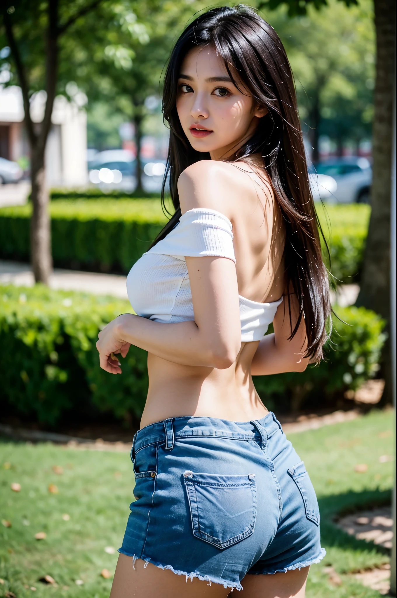 (highest quality, 8k, 32k), masterpiece,(ultra high resolution,realistic:1.4,RAWphotograph), (Super detailed,caustics),sexyなphotograph,1girl, big breasts, big breasts, black hair, bangs, long hair (long hair: 1.4), Beautiful eyes in detail, long eyelashes, narrow eyes, elongated eye shape, Three white eyes, Wearing white off-the-shoulder, jeans shorts, emphasize the buttocks, big ass, round hips, big ass, Covered with back turned away from camera , sexy, big breasts, Supermodel with very dark tan, beautiful face, blue eyes, detailed body, perfect eyes, perfect face hdr, Photoreal, photograph, highest quality, I&#39;m in the park, Bokeh, NSFW,