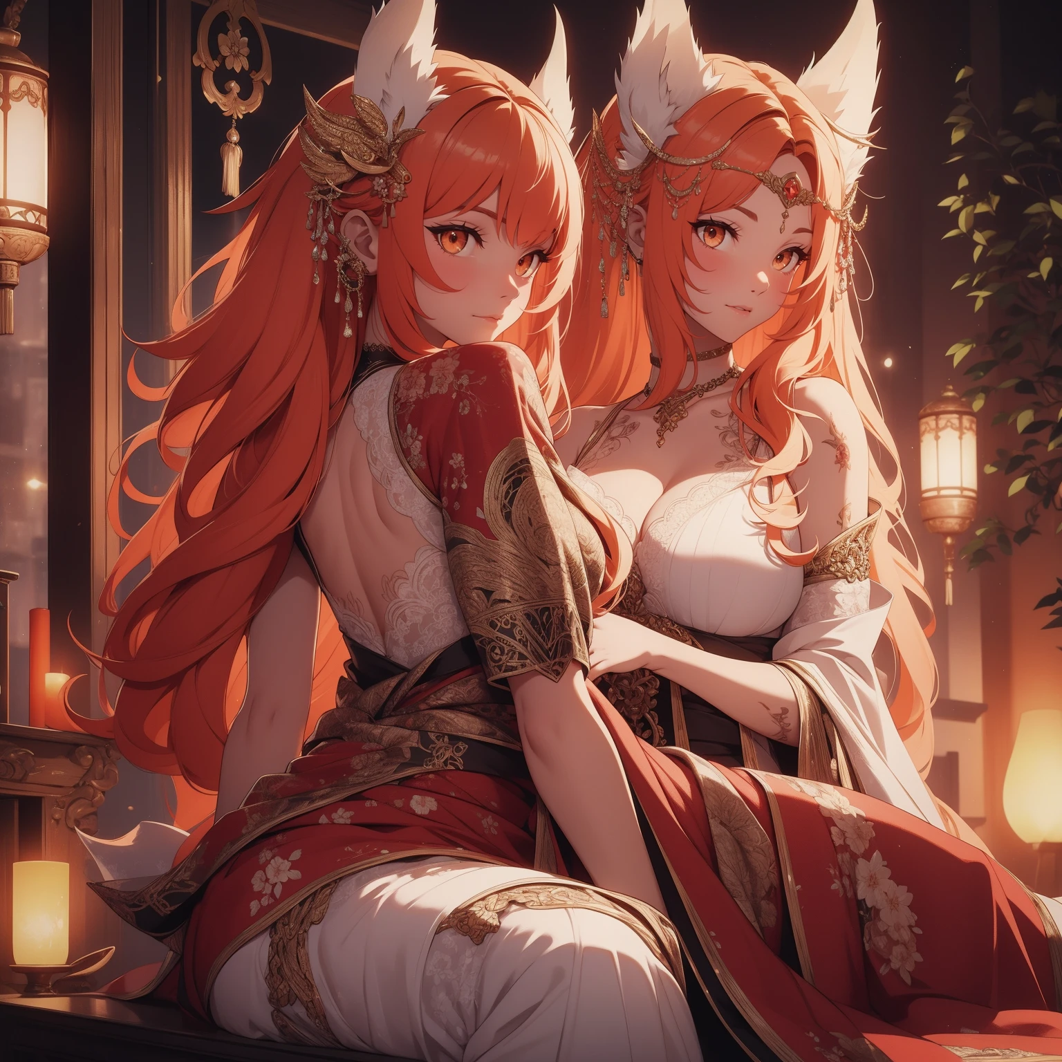 REALISTIC VISION 1.4, BETTER VAE,sharp focus, ultra detail, 32k,realistic photo, intricate details, kitsune, orange hair, oranfe eyes, intricate details ,woman, nine tails,intricate details,intricate details,big , Voluptuous body, intricate details, Miko,clothes long white dress with red details intricate details,tattoos intricate details,full body, sitting on the ground, backwards, looking back