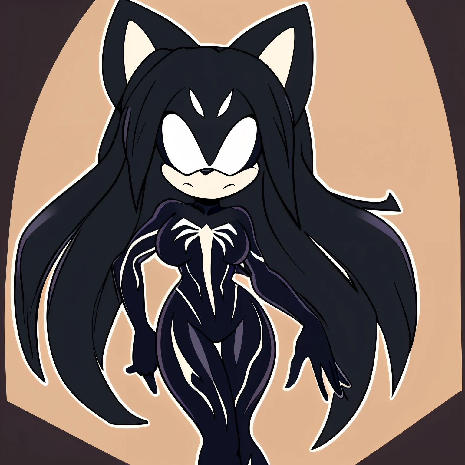 Mobian, female, fox, long hair, feminine eyelashes, medium breasts, ((large hair bangs)), fox tail, perfect feminine figure, black muzzle, (blank white eyes), anime style, standing, furry female, (solo), best quality, ((wearing a she venom Symbiote like bodysuit)), (2D Art Style), ((flat colors)), blank background, serious
