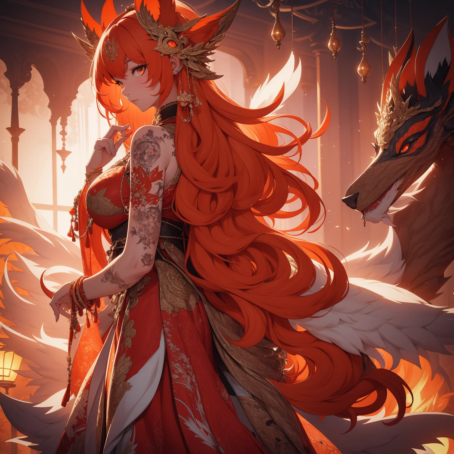 REALISTIC VISION 1.4, BETTER VAE,sharp focus, ultra detail, 32k,realistic photo, intricate details, kitsune, orange hair, oranfe eyes, intricate details ,woman, nine tails,intricate details,intricate details,big , Voluptuous body, intricate details, Miko,clothes long white dress with red details intricate details,tattoos intricate details,full body, backwards, looking back