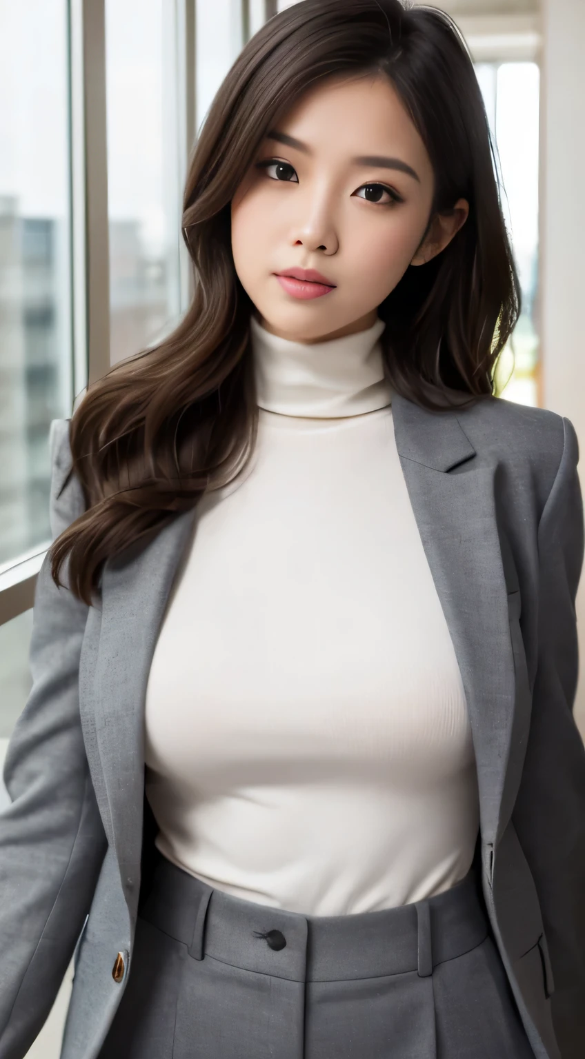 (((high resolution)))、(((masterpiece)))、Japanese beautiful girl、perfect face、cute face、big breasts、(Plump thighs)、((turtleneck))、(((pants suit)))、office