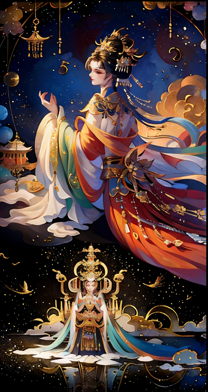In the grandiose reality, an ancient Chinese palace floats serenely above the clouds. In the imperial hall of this regal abode, the emperor sits majestically upon his throne, draped in opulent ancient attire and wearing an expression of unyielding power. A bevy of concubines adorns the room, their resplendent silks shimmering in the colorful light. Kneeling before them, craftsmen meticulously ply their trades, their creations a testament to the palace's splendor. The magnificent, glazed tiles that adorn the walls and the roof emit a soft, ethereal glow, casting kaleidoscopic ref