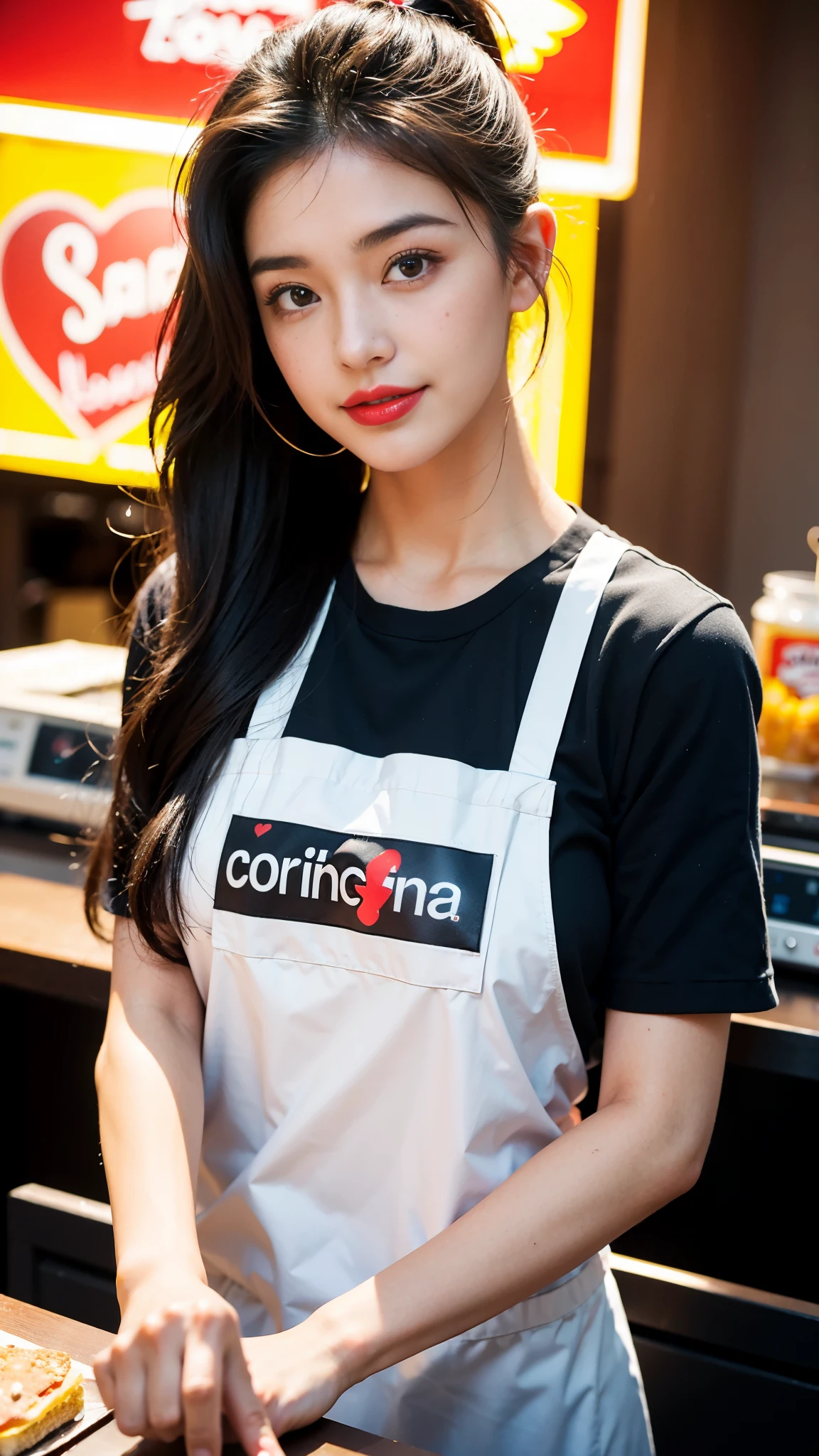 Create an image of a young Latina woman working in a fast food restaurant in New York City. She has warm brown eyes that reflect her friendly and hardworking nature, framed by expressive brows. Her face is heart-shaped, with a sprinkling of freckles across her cheeks that add to her youthful charm. Her lips are full and often painted with a bright red lipstick, adding a pop of color to her appearance. She wears her dark hair pulled back in a ponytail, practical yet stylish for her job. Dressed in a fast food uniform, she wears a bright smile as she serves customers with efficiency and kindness. Capture the essence of this random NYC Latina fast food worker in a portrayal that reflects her warmth, resilience, and vibrant personality, aesthetic, iconic quality, very inspirational, positive, glowing, rich detail, deep colors, cute, magical, mystical, engaging, vivid, dynamic composition, epic, grand elaborate, detailed, creative, ambient light, cinematic, focus, highly professional, original, exposed, enhanced, fabulous background, fine, stunning, illuminated, amazing, marvelous, awesome