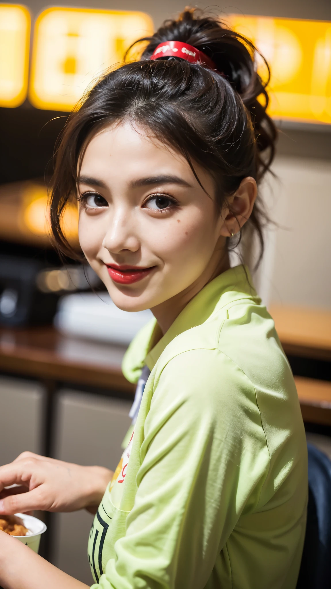 Create an image of a young Latina woman working in a fast food restaurant in New York City. She has warm brown eyes that reflect her friendly and hardworking nature, framed by expressive brows. Her face is heart-shaped, with a sprinkling of freckles across her cheeks that add to her youthful charm. Her lips are full and often painted with a bright red lipstick, adding a pop of color to her appearance. She wears her dark hair pulled back in a ponytail, practical yet stylish for her job. Dressed in a fast food uniform, she wears a bright smile as she serves customers with efficiency and kindness. Capture the essence of this random NYC Latina fast food worker in a portrayal that reflects her warmth, resilience, and vibrant personality, aesthetic, iconic quality, very inspirational, positive, glowing, rich detail, deep colors, cute, magical, mystical, engaging, vivid, dynamic composition, epic, grand elaborate, detailed, creative, ambient light, cinematic, focus, highly professional, original, exposed, enhanced, fabulous background, fine, stunning, illuminated, amazing, marvelous, awesome
