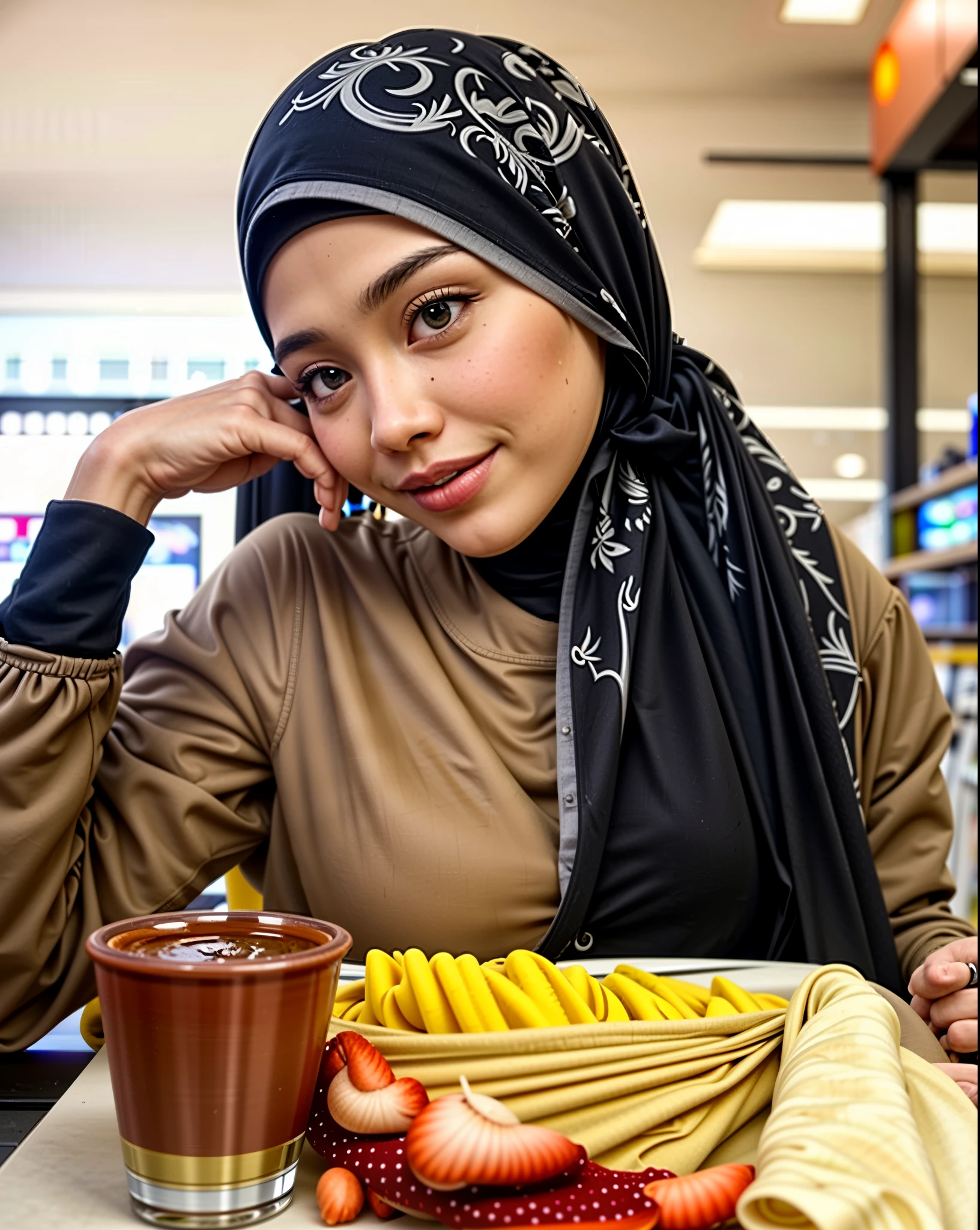 Malay girl in hijab, wear small floral pastel white color shirt and High Waist Plicated white Suit Pants , laughing and posing with both hand on top of her head, touching her own white head, wear backpack, front view, hijab blown, windy, detail skin, age spot, detail skin texture, mole below eyes, small breast, flat chest, wide hips, small waists, thick thighs, slim abs, beautiful body, nighttime, laughing, happy, bright lighting, college student in background, crowded cafe, blur background, bokeh,