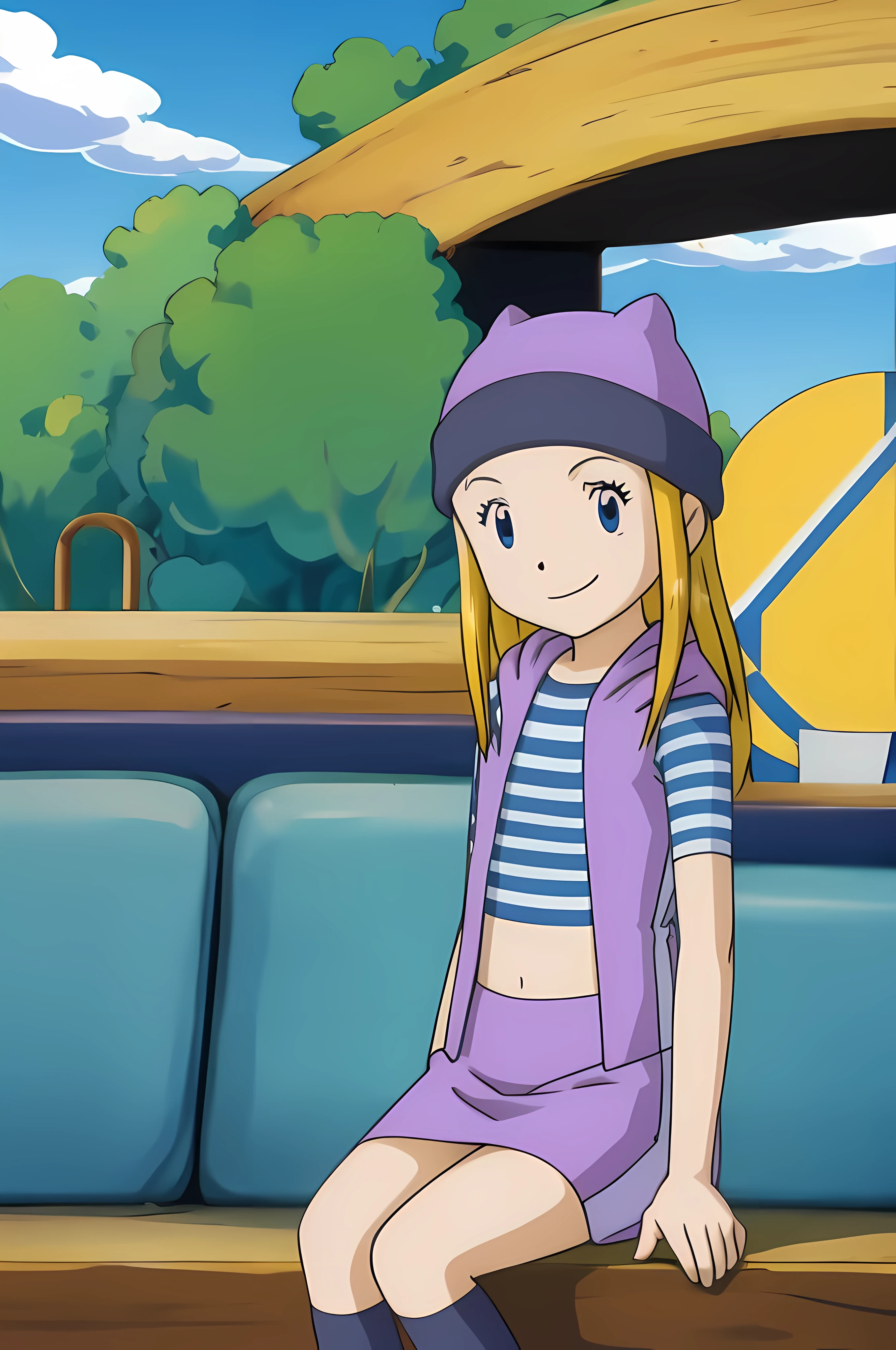 zoe orimoto, perfect face, perfect eyes, , small size breast, purple beanie, purple vest, purple miniskirt, blue white striped shirt, long purple socks, sneakers, midriff, blond hair, smile, seated, traveling on a train, open window, wind blowing hard